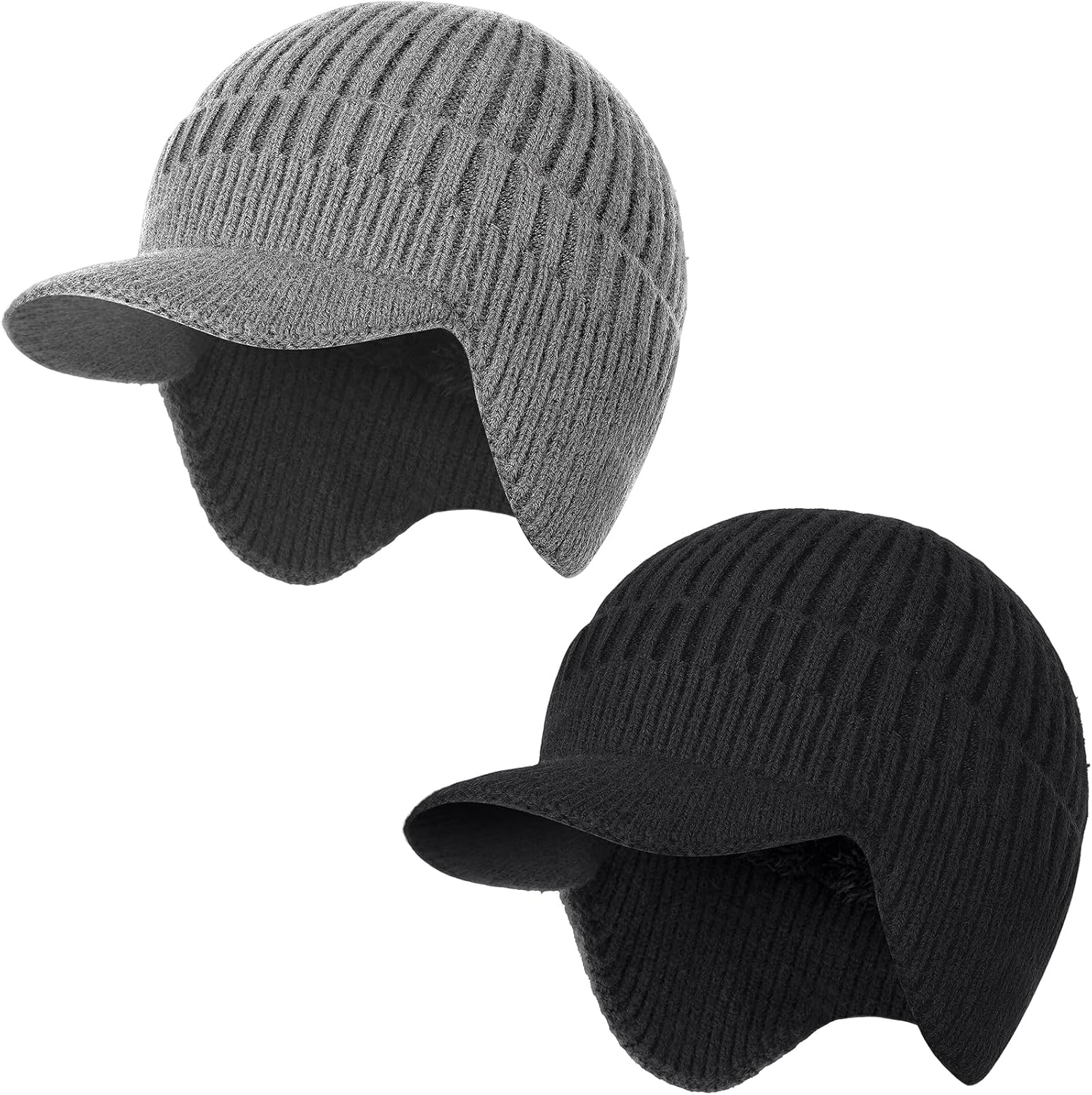 ZEXIAN 2-Pack Fleece-Lined Knit Beanies with Visor & Ear Flaps