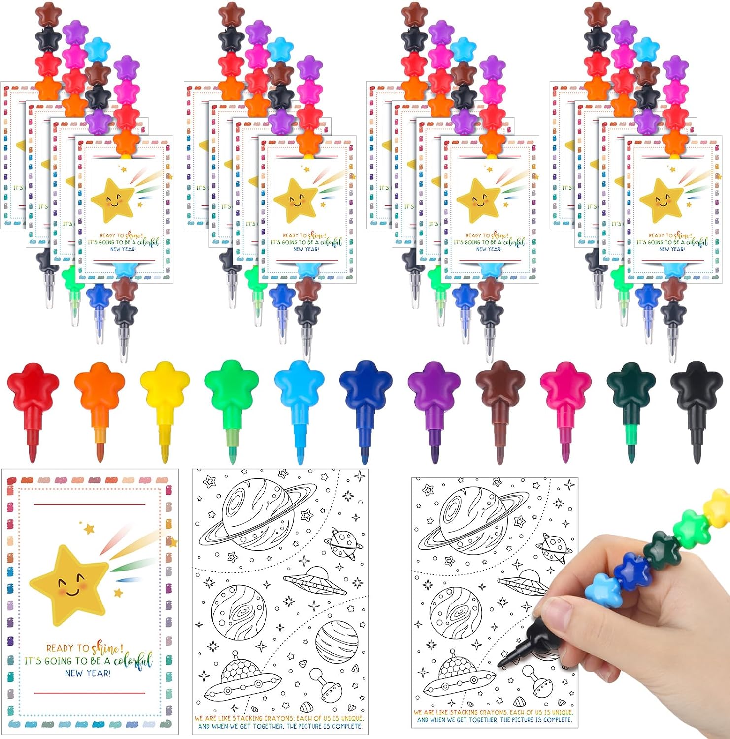 Sayglossy 24 Sets for 11 Colors Star Stacking Crayons Rainbow Stackable Markers with Double Sided Coloring Postcard Gifts Bulk for Party Favors