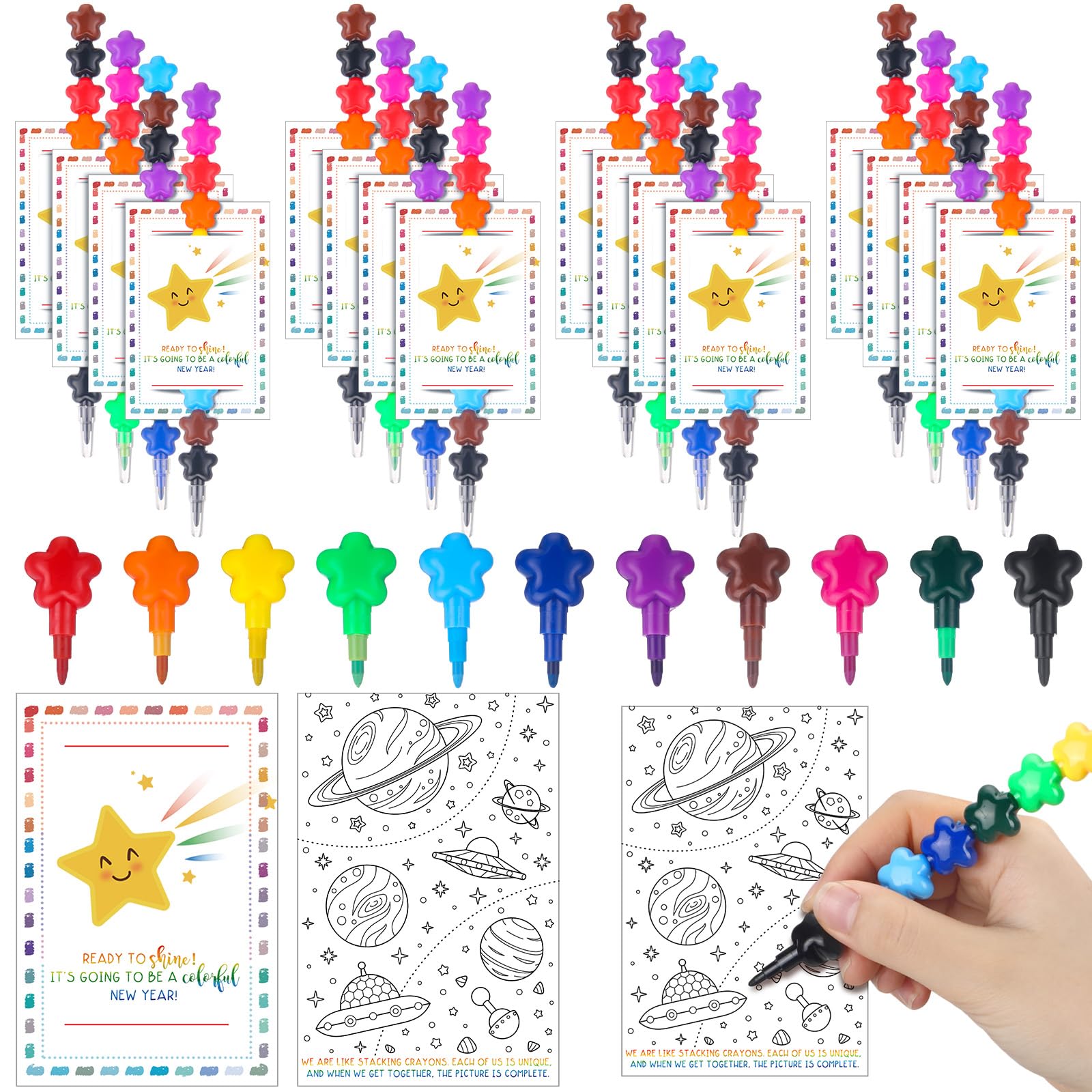 Sayglossy Stapelbare Buntstifte in 12 Farben und doppelseitiger Malkarte, 2025, Geschenk für Schüler, Geschenk für Lehrer, Großpackung für Schule, Klassenzimmer, 24 Sets