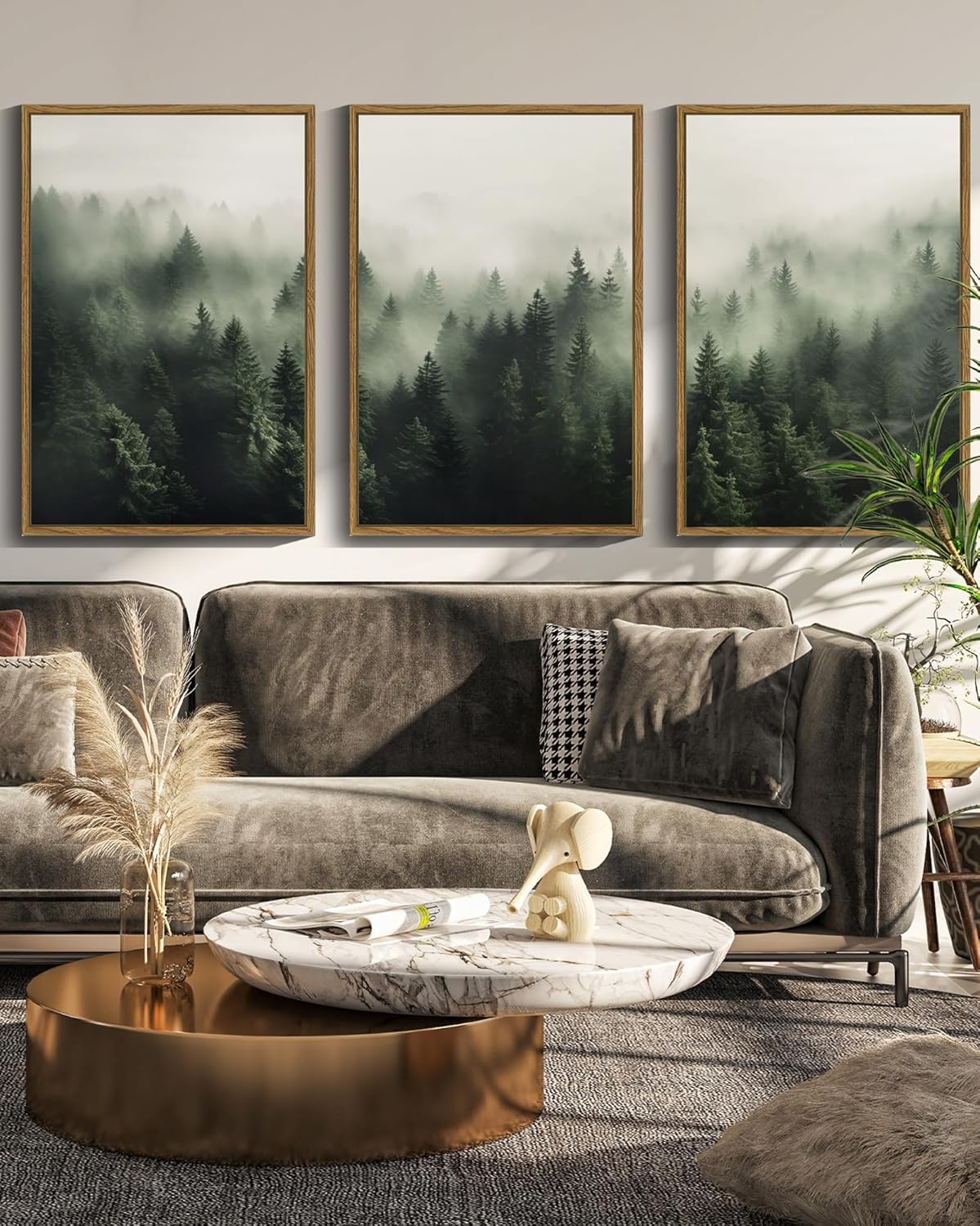 SHENIFY Green Fog Pine Tree Forest Canvas Wall Art Large 16x24in Framed Nature Modern Artwork Prints Decor - Natural Framed