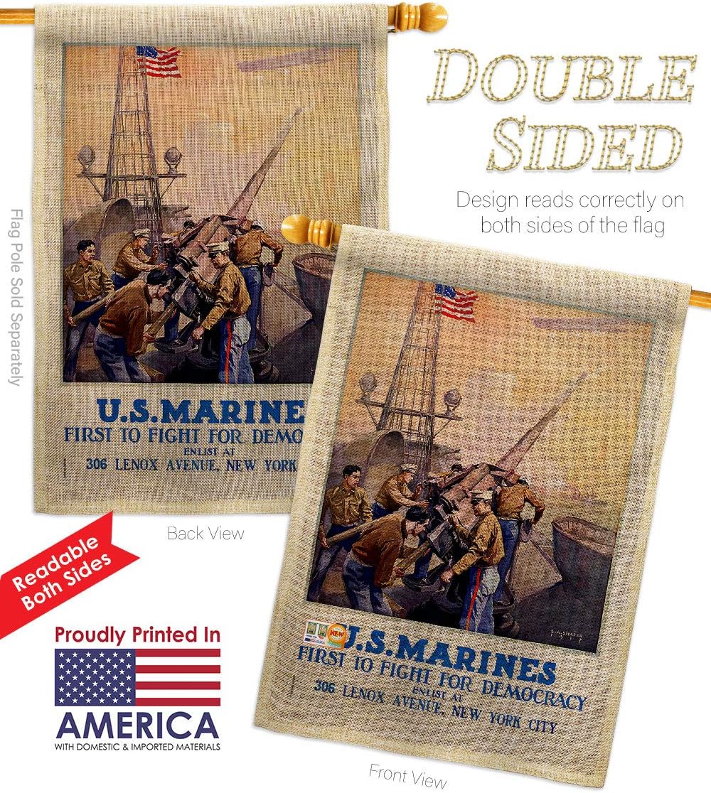 Marine Corps First to Fight Burlap House Flag Dowel Set Armed Forces USMC Semper Fi United State American Military Veteran Retire Small Decorative Gift Yard Banner Double-Sided Made In USA 28 X 40