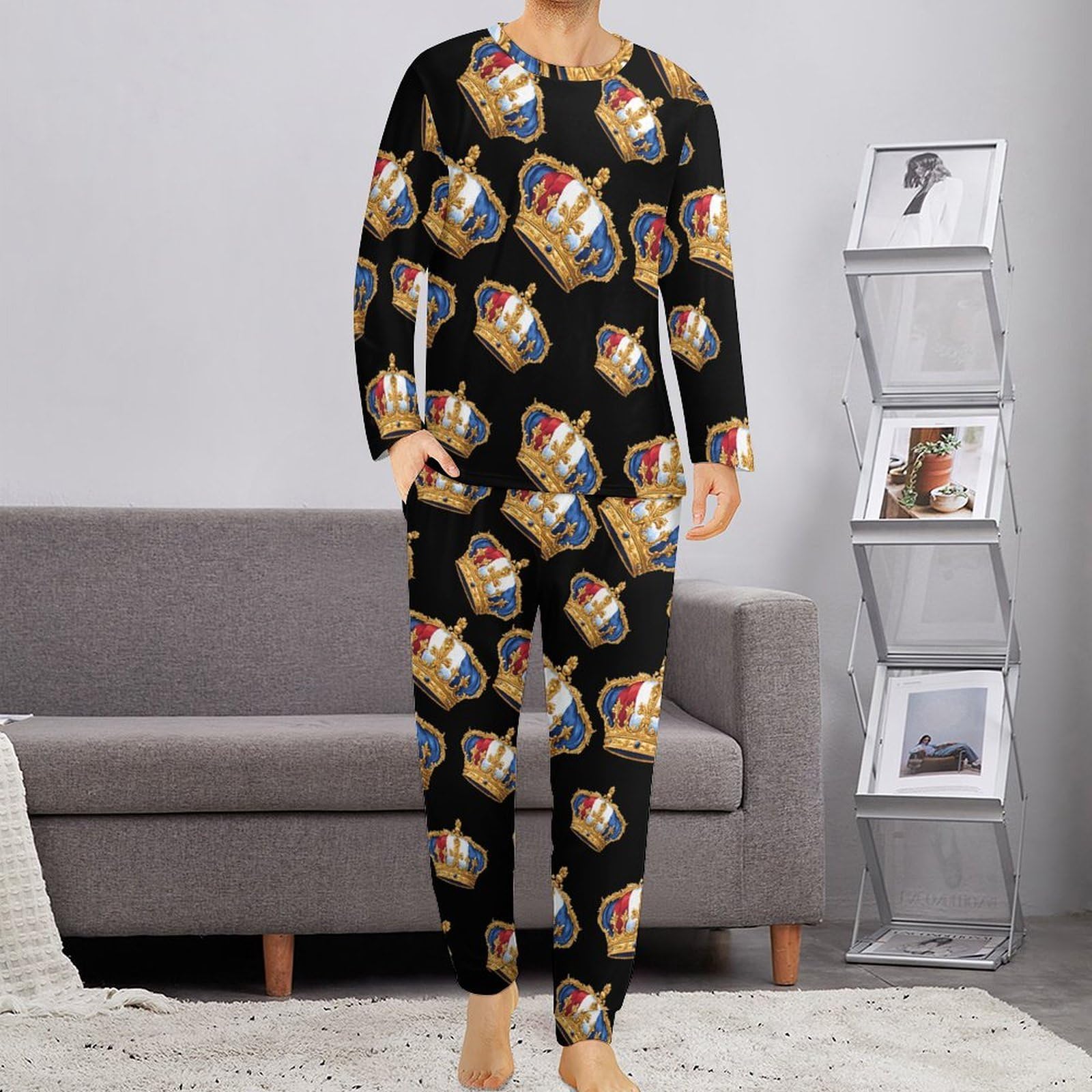 French King - Conjunto de pijama para hombre, cuello redondo, 2 piezas, manga larga, suave, transpirable para todas las estaciones