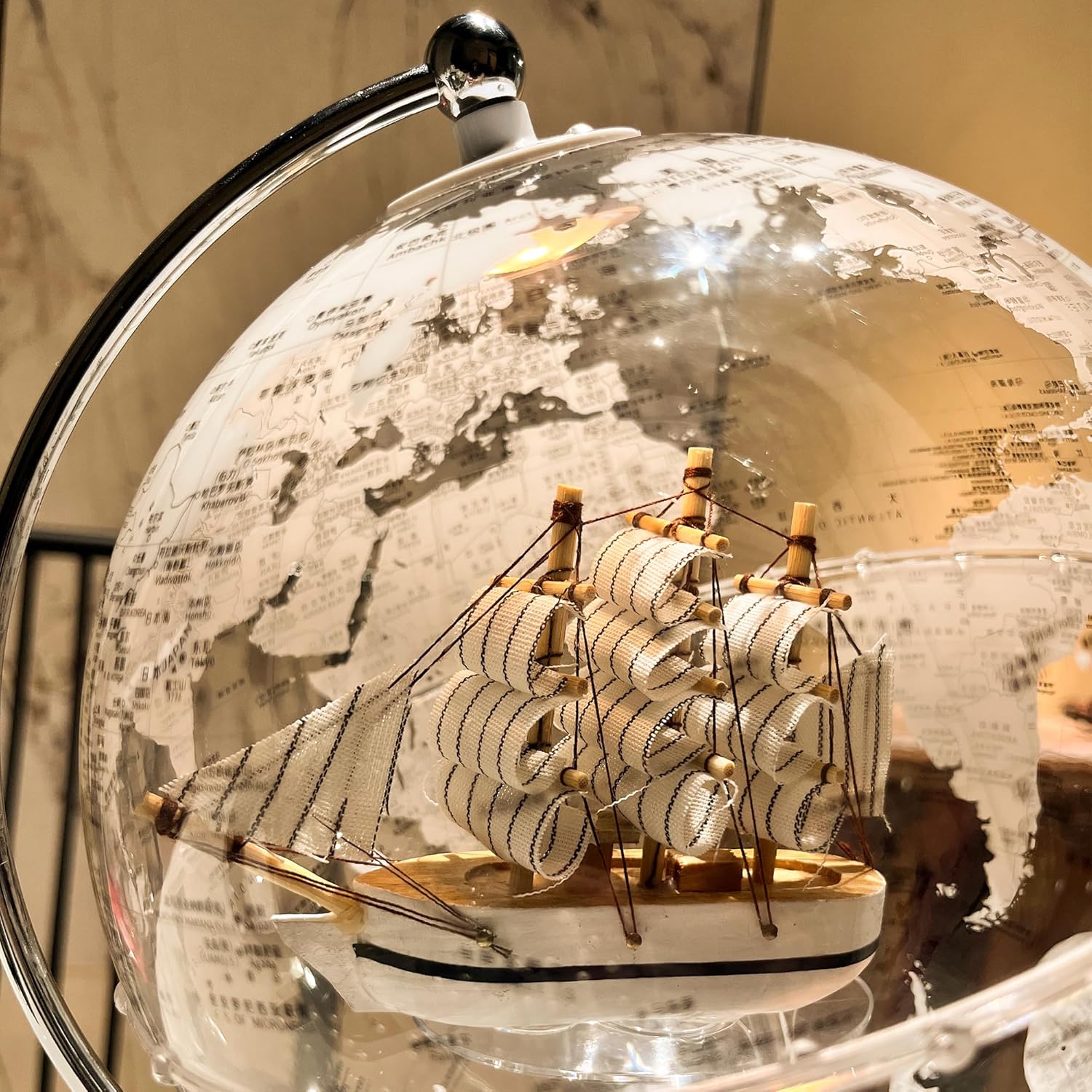 Transparent Illuminated Globe with Sailboat Ornament & Metal Stand - Modern Desktop World Globe Decoration for Office, Bookshelf, Home Decor (20cm Diameter)