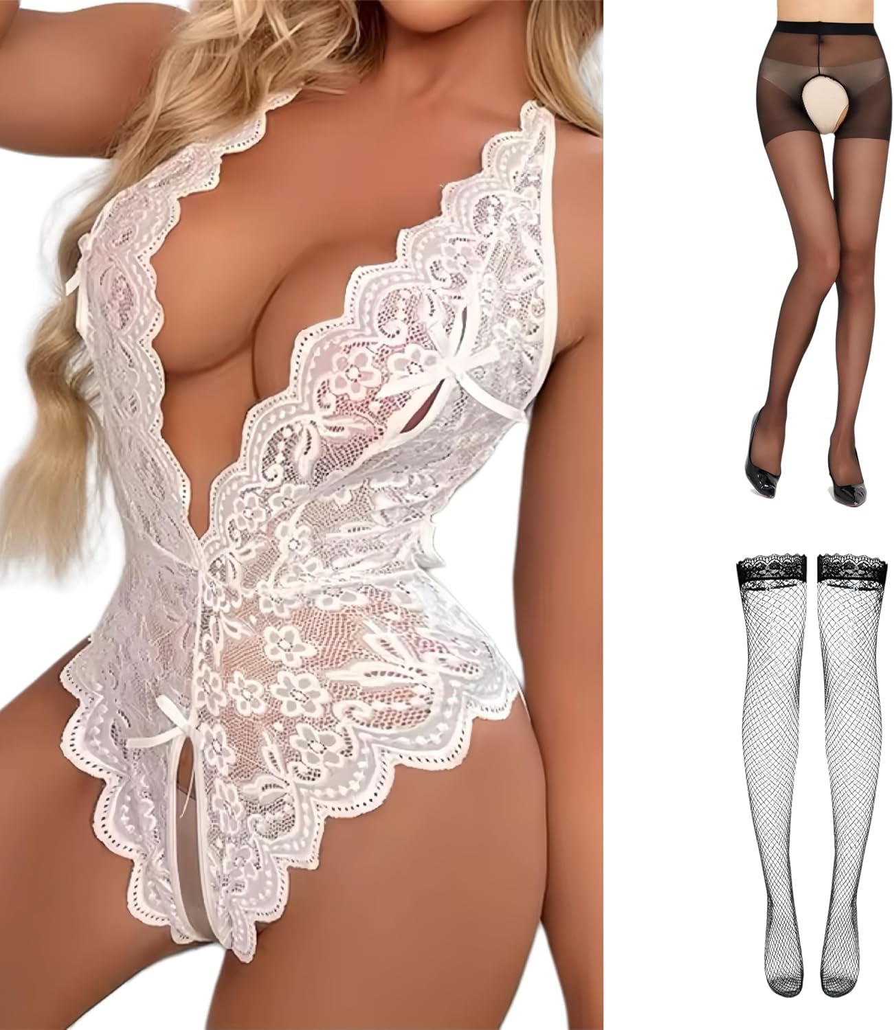 3PCS Sexy Lingerie for Women Naughty Lace Lingerie Set Bodysuit Outfits Teddy Sheer Mesh Erotic