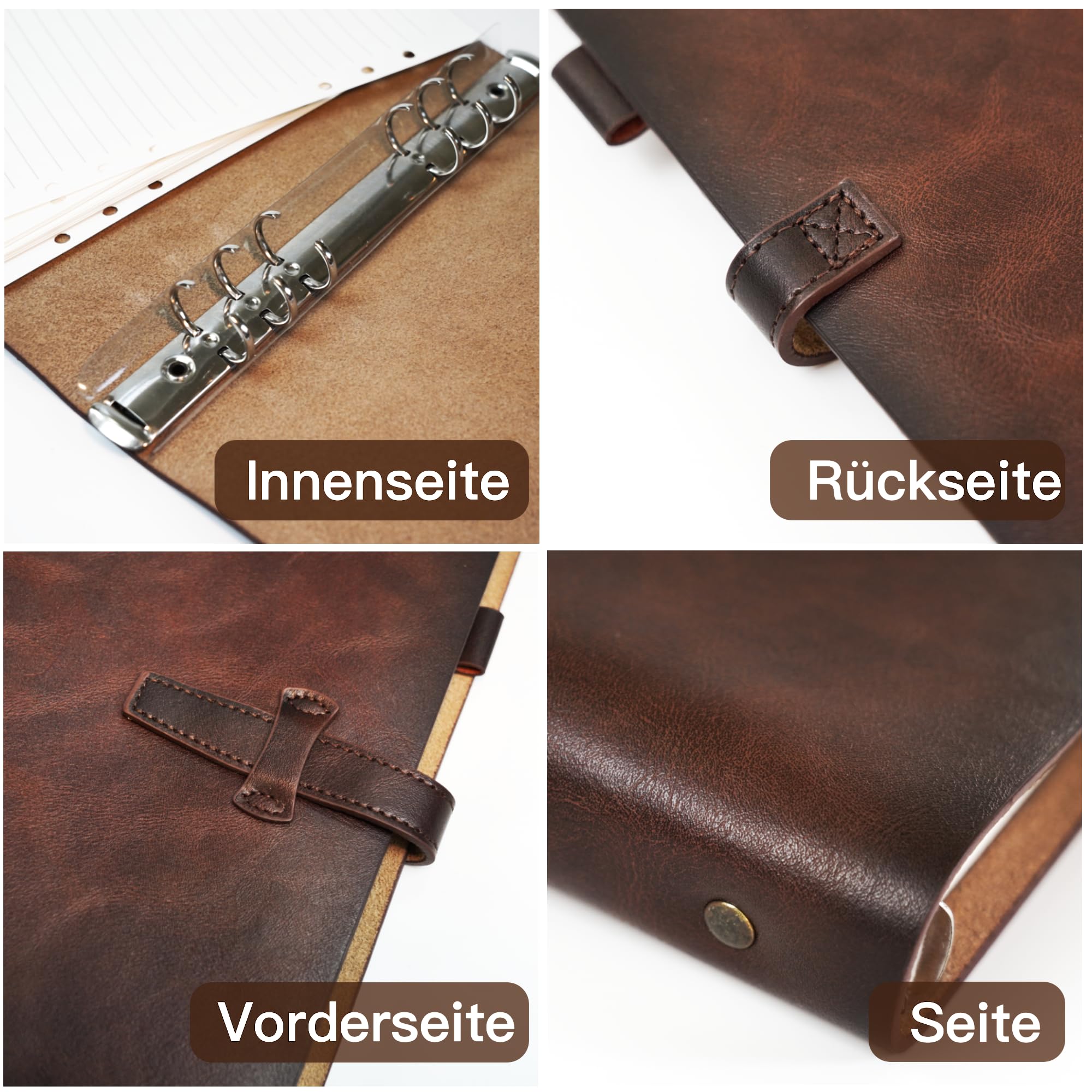 Notizbuch Leder A5, nachfüllbares Tagebuch liniert, Ringbuch A5 Leder mit 6 Ring Metallbinder, Ledereinband Vintage Organizer wiederverwendbar, Leather Journal für Damen und Herren