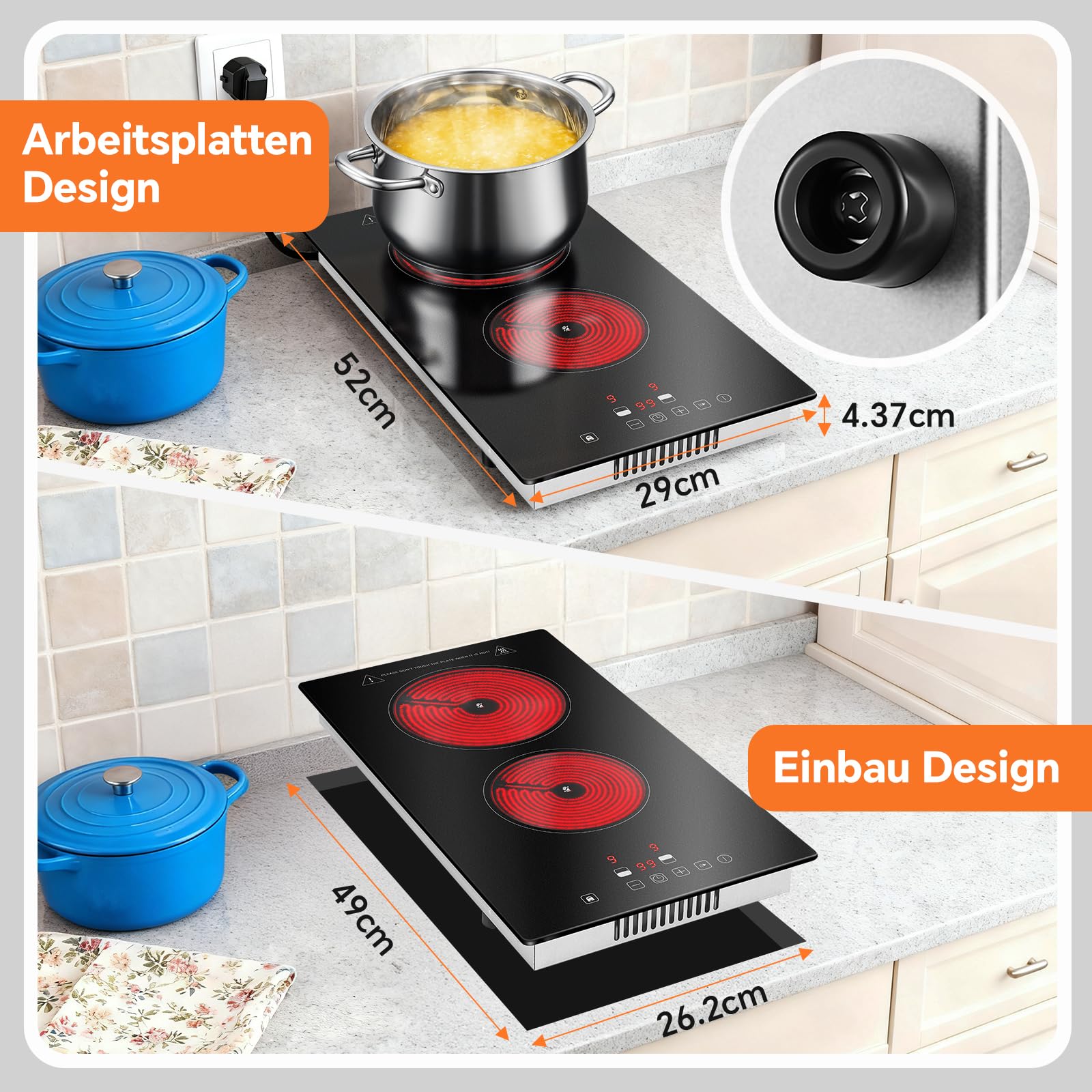 TopStrong Glaskeramikkochfeld 2 Platten 3000W Kochfeld mit Stecker, 2-in-1 Freistehend/Einbau-Design, 9 Heizstufen, Touch-Steuerung, Timer
