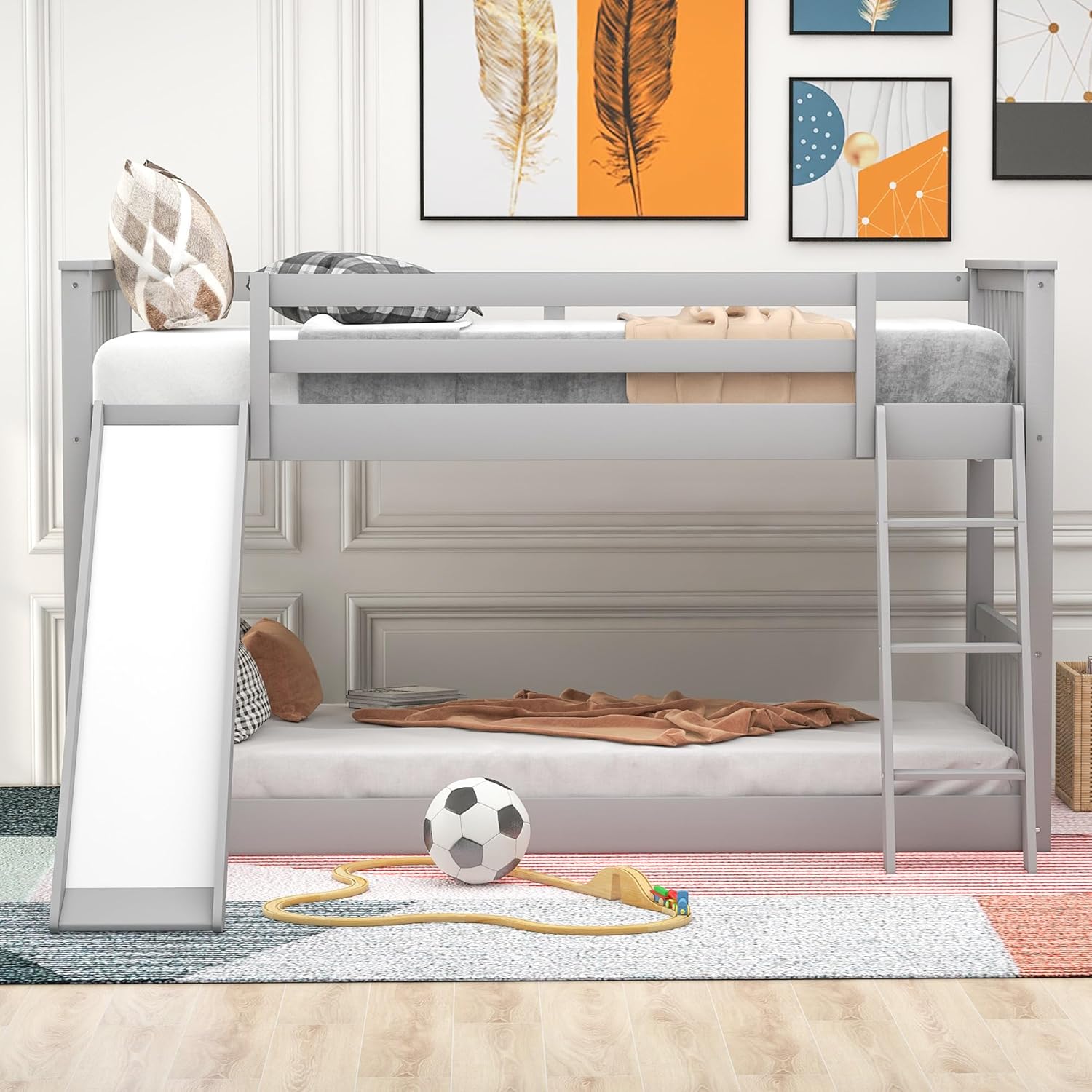 Twin Over Twin Low Bunk Beds with Slide for Kids Wood Floor Bunk Bed Frame for Boys Girls Teens’ Bedroom Dorm, Gray