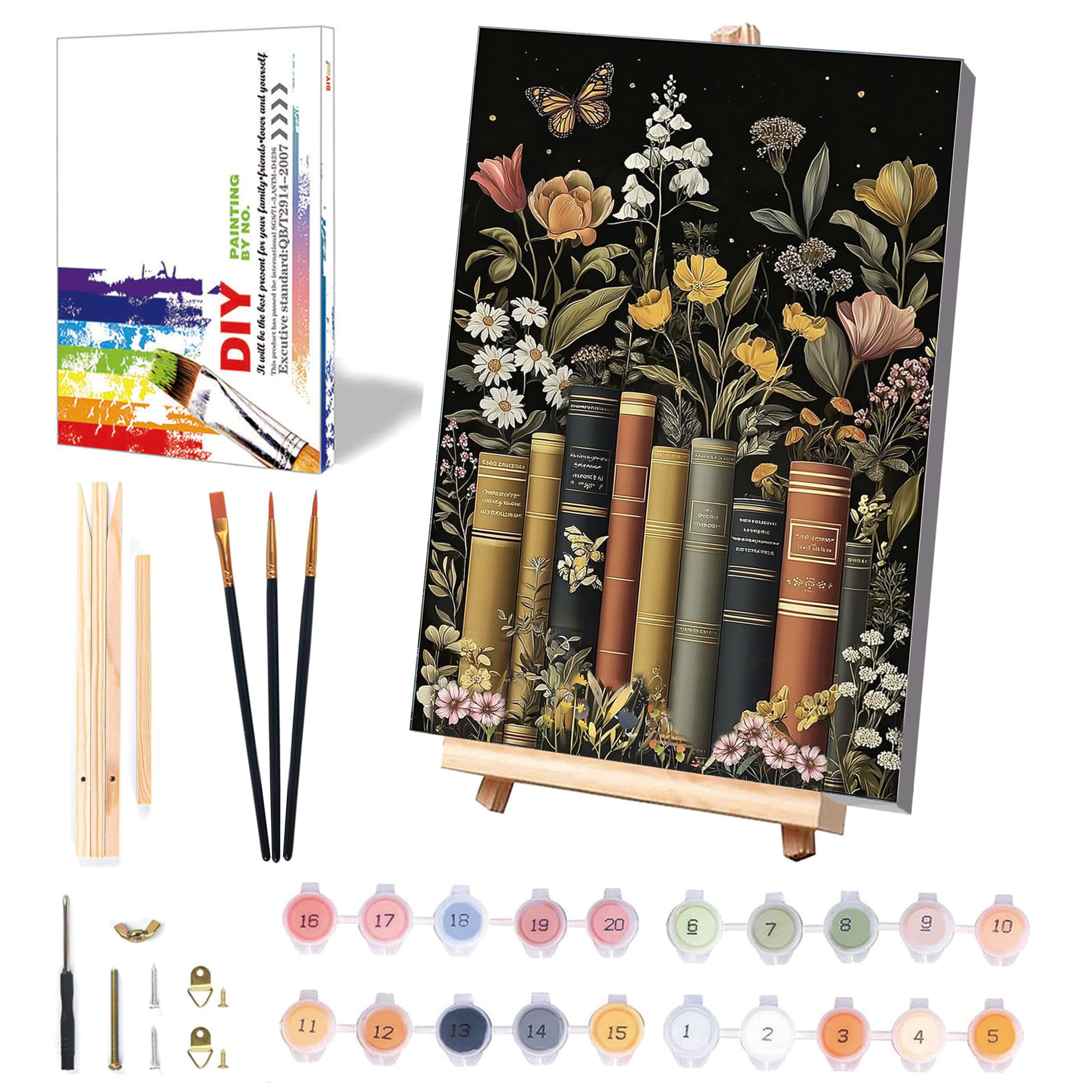 Book Paint by Numbers for Adults with Framed Canvas & Wooden Easel, Flowers Adult Painting by Number Kit on Canvas, DIY Books Acrylic Oil Painting Kit with Brushes for Home Wall Decor 8x12 inch