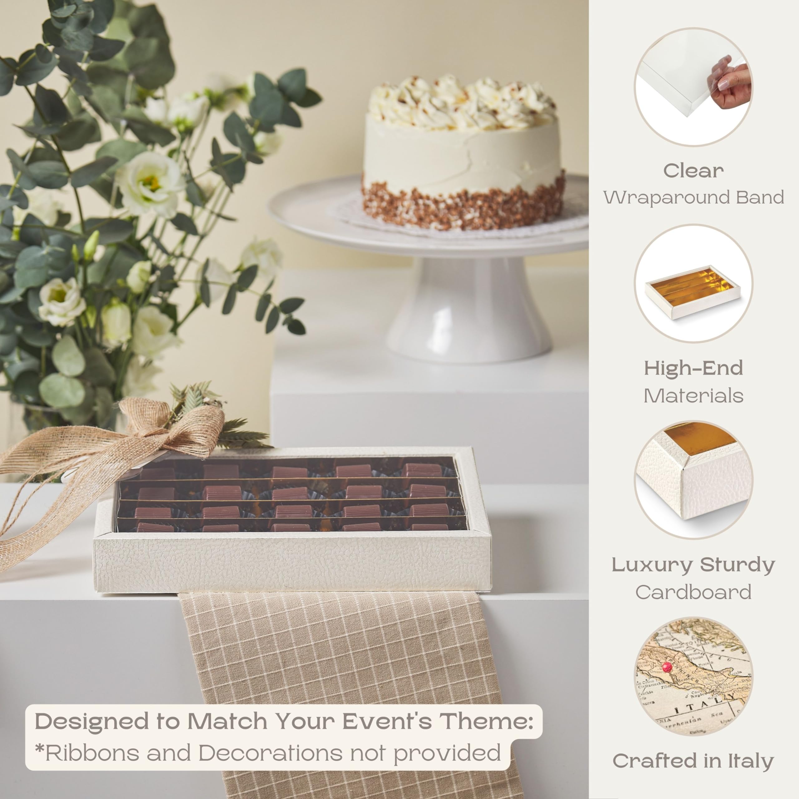 10 Stück Trüffelboxen - Ideal für Schachteln für Pralinen, Trüffel, Erdbeeren mit Schokoladenüberzug und Mini-Donut-Boxen | 21,5 cm x 14,5 cm x 3,5 cm Weißes Leder