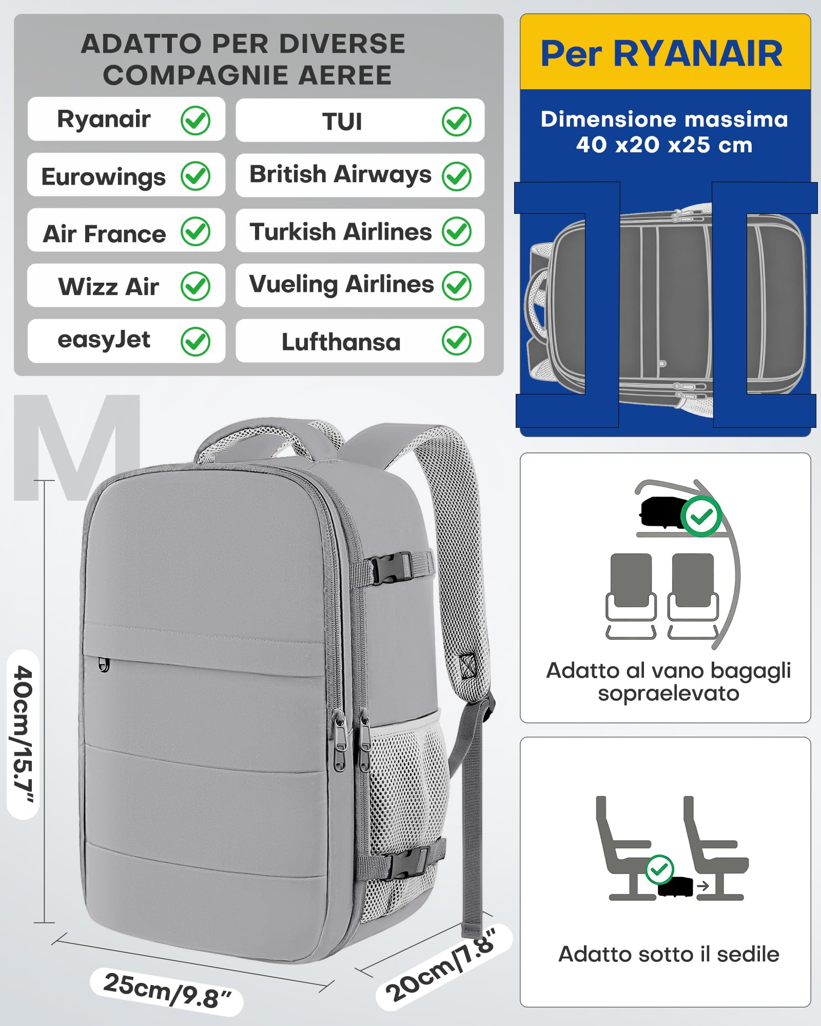 HOTOR Zaino Ryanair 40x20x25 - Zaino da Viaggio Porta PC di Grande Capacità, Multi-Tasca, Bagaglio a Mano Compatibile Ryanair per Uomo e Donna, per Pendolarismo, Viaggi in Aereo e Trekking, Grigio