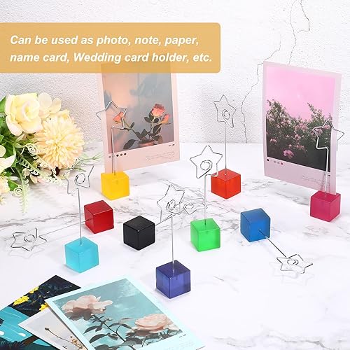 Miniatura 5 de PATIKIL Soporte para tarjetas con base de cubo de resina, paquete de 3 unidades con clip de metal en forma de estrella, clip de alambre para notas,