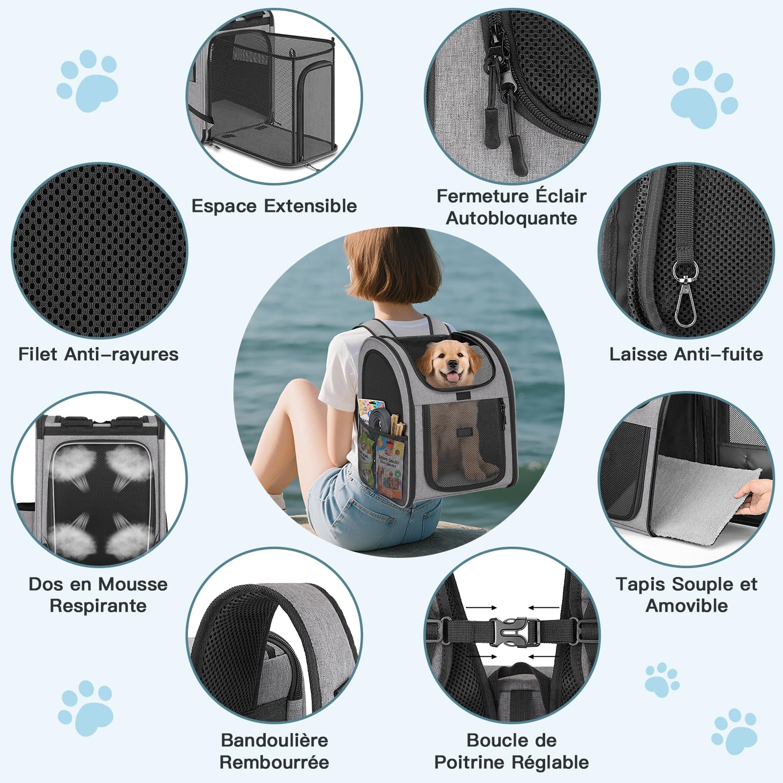 Sac à Dos Chat Chien, Extensible Charge Maximale 10kg Sac Transport Chat Chien, Sac a Dos pour Chien Chat avec Fenêtre en Maille, Spacieux Sac Voyage Chat Chien Laisse et Tapis Intégrés - Gris