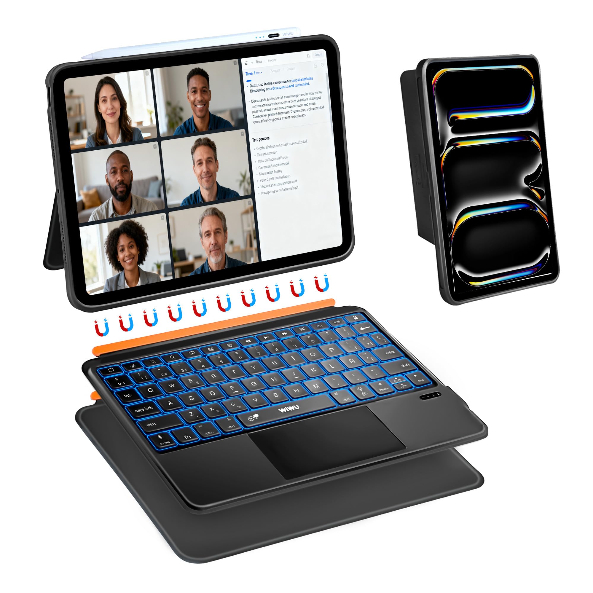 WIWU Funda Teclado iPad Pro 11 M4/M5 2024/2025,iPad Keyboard 3 en 1 Magnética Desmontable Teclado Bluetooth 7 Colores Retroiluminados Trackpad Soporte Ajustable (Negro,iPad Pro 11"(M4/M5 2024/2025)
