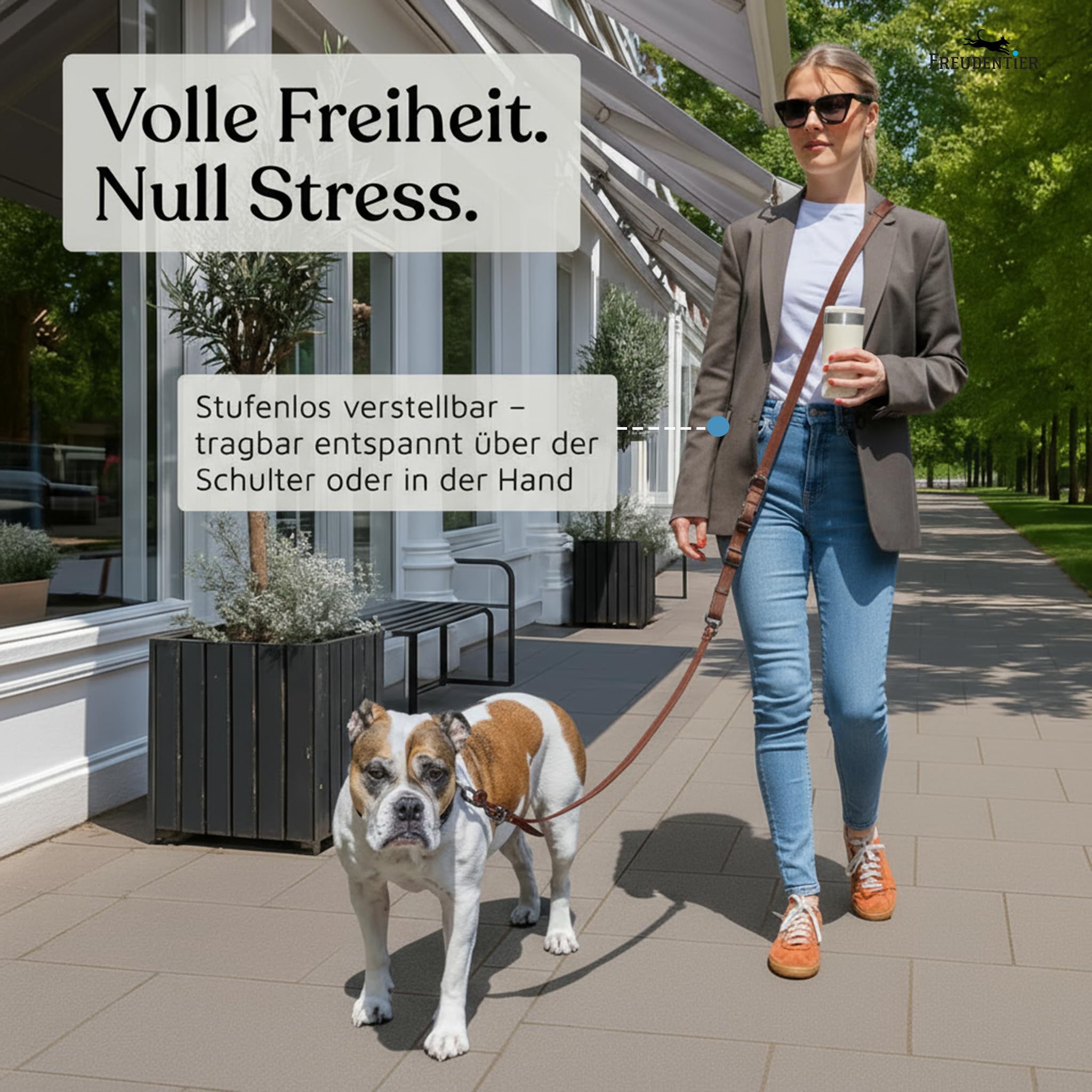 FREUDENTIER Umhängeleine Hund - Hundeleine 2,5m zum Umhängen, stufenlos verstellbar - Leine für kleine, mittelgroße & große Hunde (Braun, 2,5m)