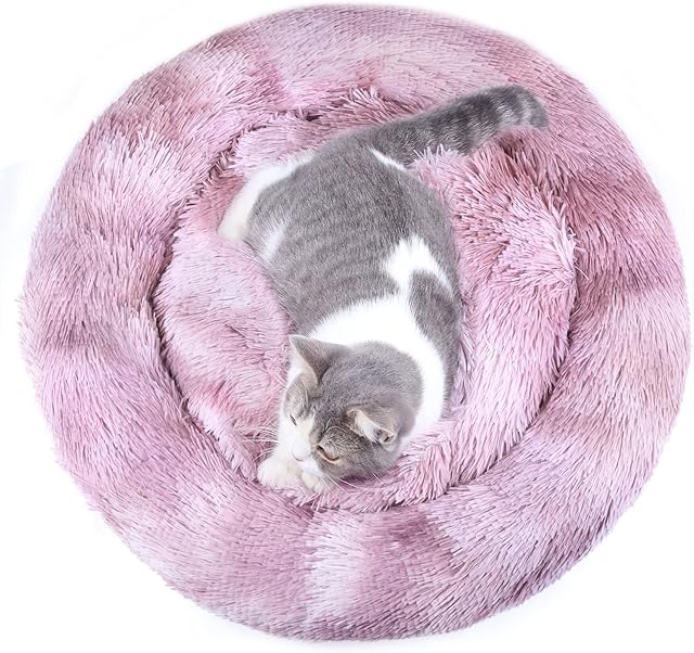 VIVAGLORY Round Dog Beds, Improved Sleep Cozy Pet Bed, Self-Warming Plush Donut Cuddler with Anti-slip Bottom, Suitable for Cat & Tiny Dog, Gradient-Ash Rose