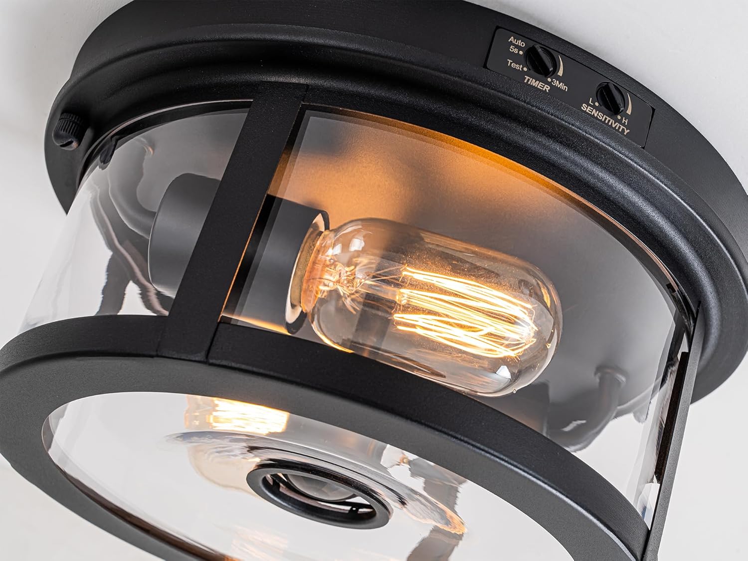 Flush Mount Outdoor Ceiling Light with Motion Sensor, Front Porch Light Ceiling Mount, Adjustable Sensor 2-Light Black Ceiling Light Fixture with Clear Glass, for Patio, House