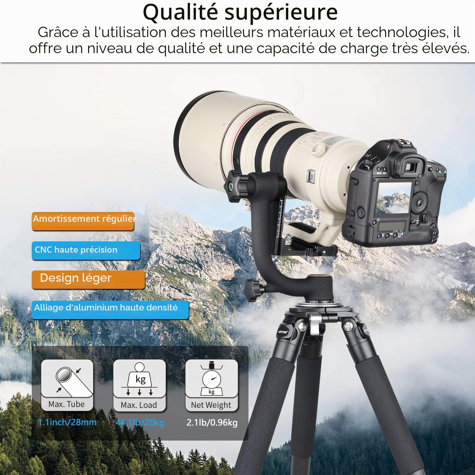 Tête de trépied à cardan ARTCISE, têtes Robustes avec Plaque de dégagement Rapide Standard 1/4 '' et Niveau à Bulle pour trépied d'appareil Photo Reflex numérique, Charge maximale 20KG/44LBS