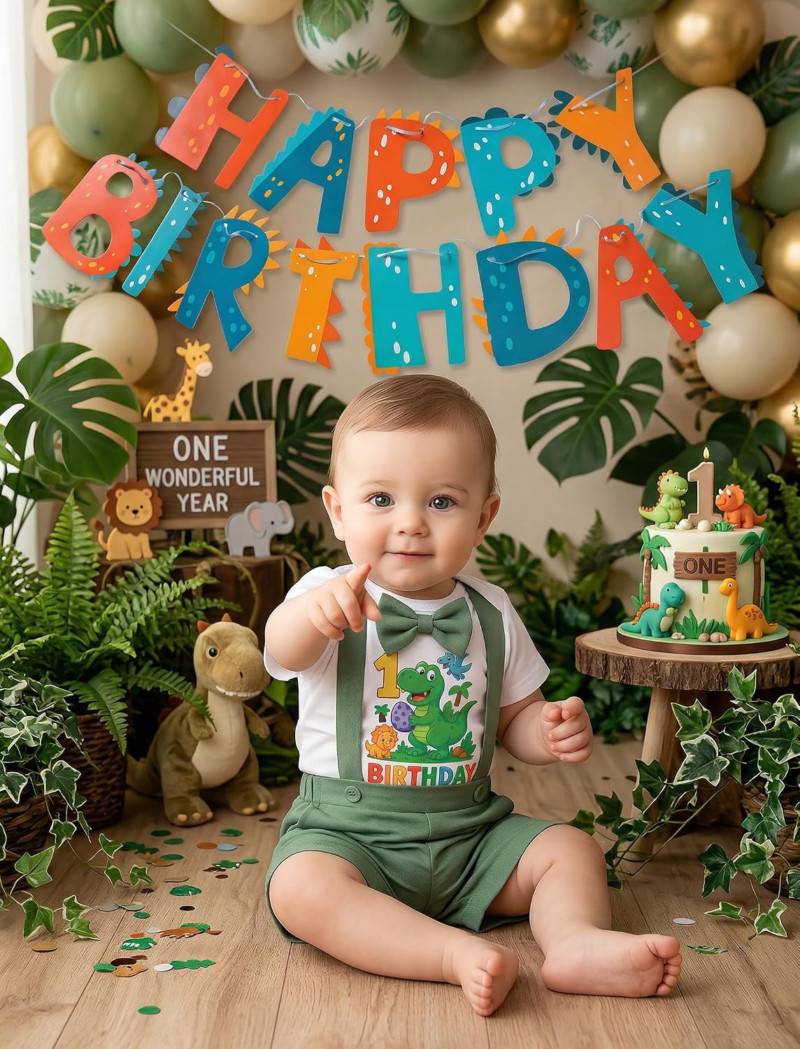 ODASDO Baby Boy 1st 2nd Birthday Cake Smash Outfit, Dinosaur Themed Party Set, Bow Tie Romper Suspenders Shorts with Banner
