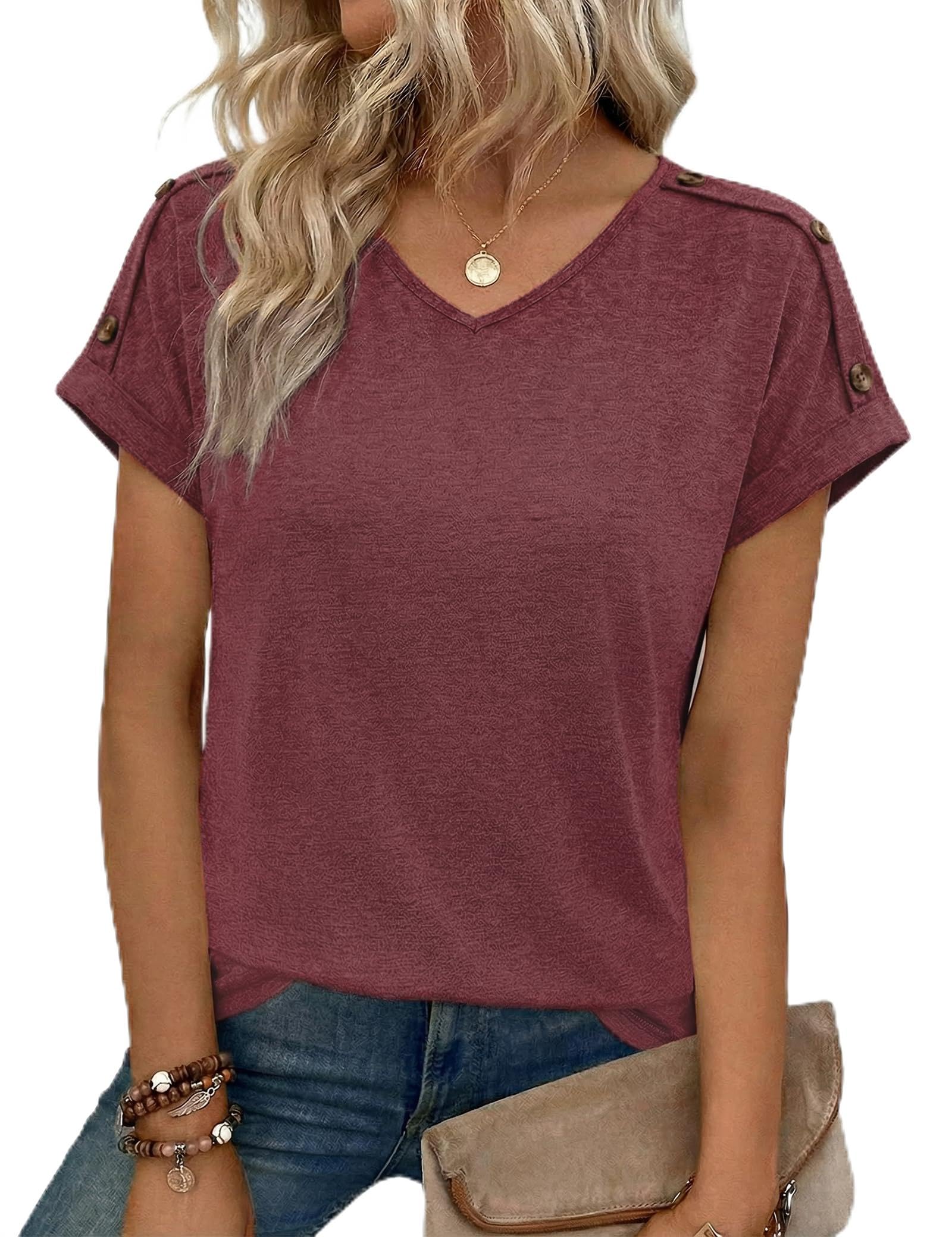Totatuit Damen T-Shirt Kurzarm V-Ausschnitt Sommer Locker Sitzendes Oberteil Casual Blusen