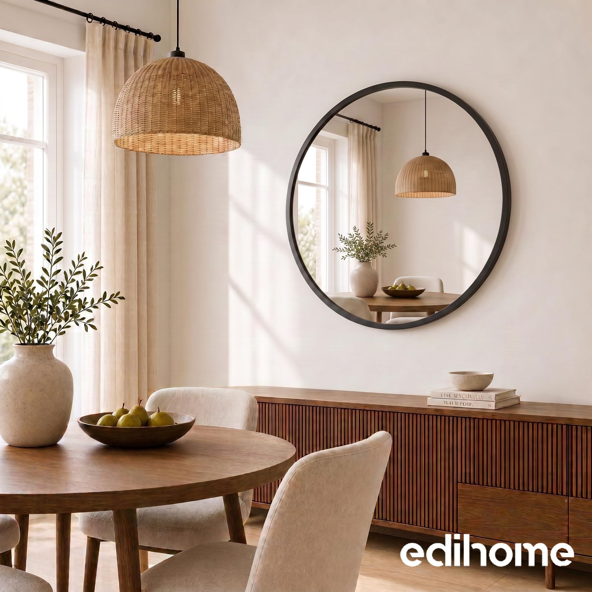 edihome, Espejo Redondo Grande de Pared, Negro 120 cm - Marco de Metal, Decorativo y Colgante, para Baño, Entrada, Recibidor, Pasillo, Dormitorio y Salón