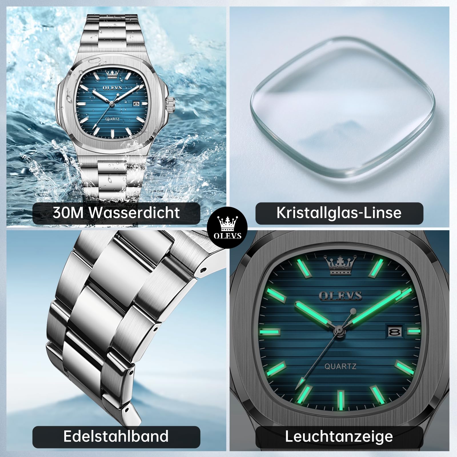 OLEVS Uhren Herren, Groß Wählscheibe Analoger Quarz Herrenuhr, Geschäft Edelstahl Band Wasserdicht Leuchtend Herrenarmbanduhr, Großes Handgelenk Herrenuhr mit Datum