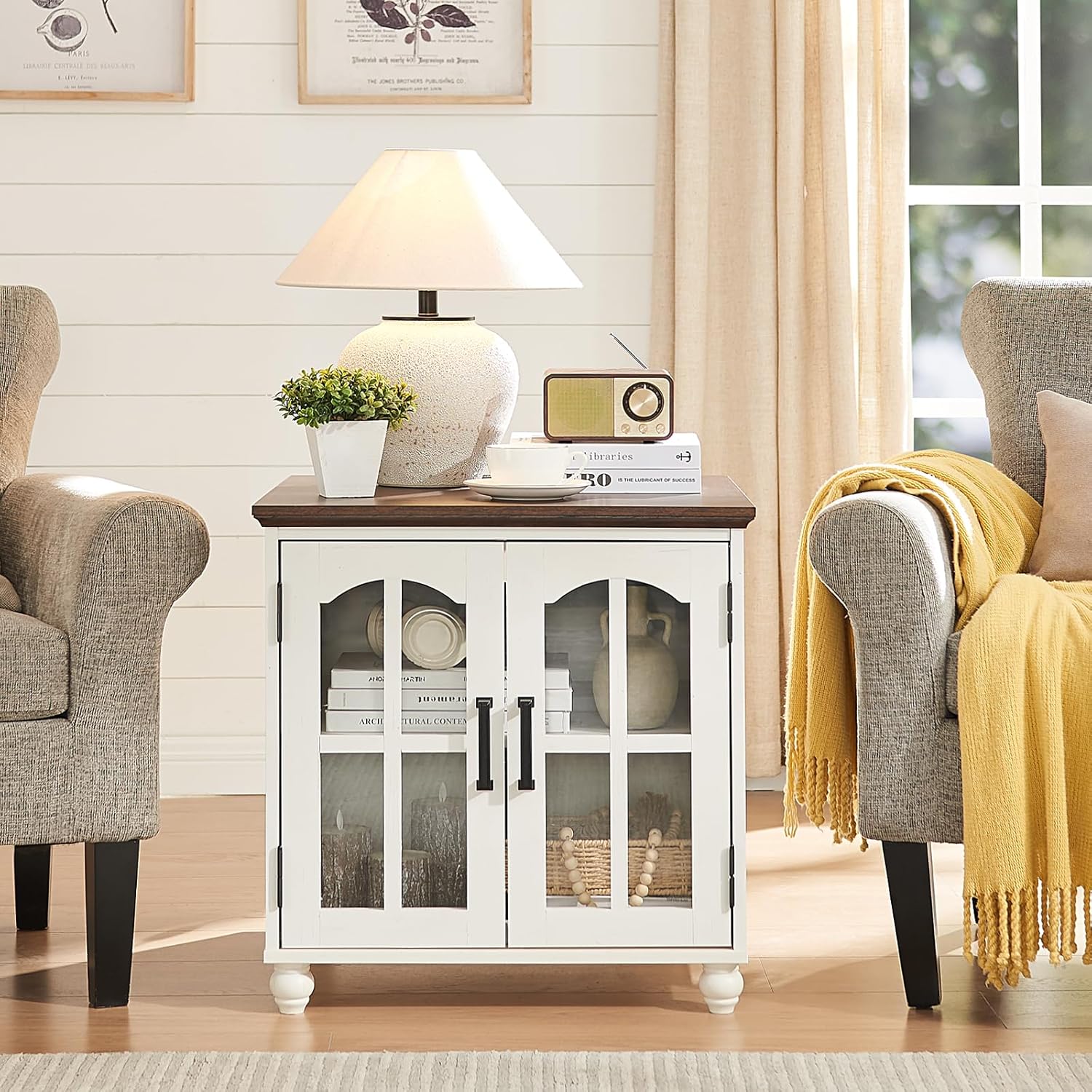 Farmhouse Coffee and end Tables 3-Piece Set,Wood 48" Center Table with 4 Drawers,Large Sofa Side Table with Charging Station & with Glass Barn Door Storage for Home Living Room Hallway,White