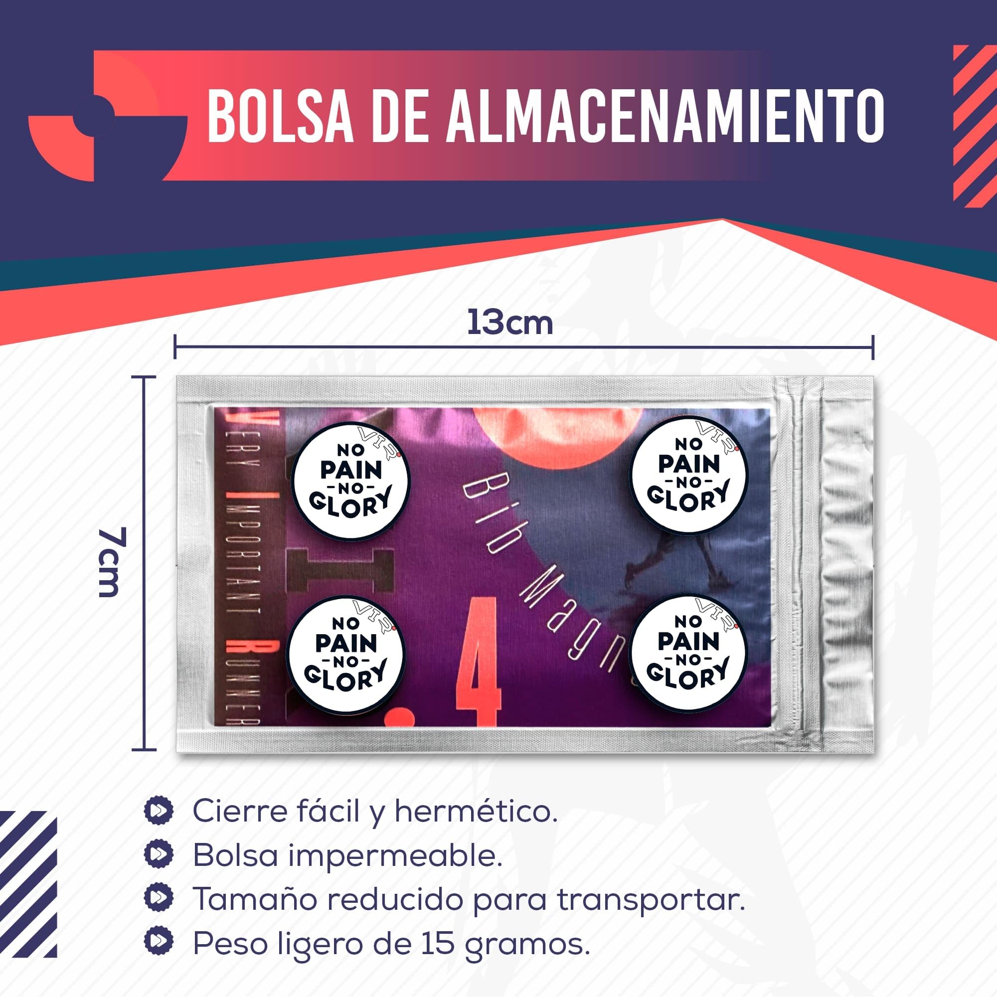 VERY IMPORTANT RUNNER - Pack de 4 Imanes Deportivos con Bolsa Impermeable - Imanes Sujeta Dorsales para Running y Triatlón 18mm - Sujeción Segura Sin Agujeros en la Ropa - Diseño No Pain No Glory — view 3