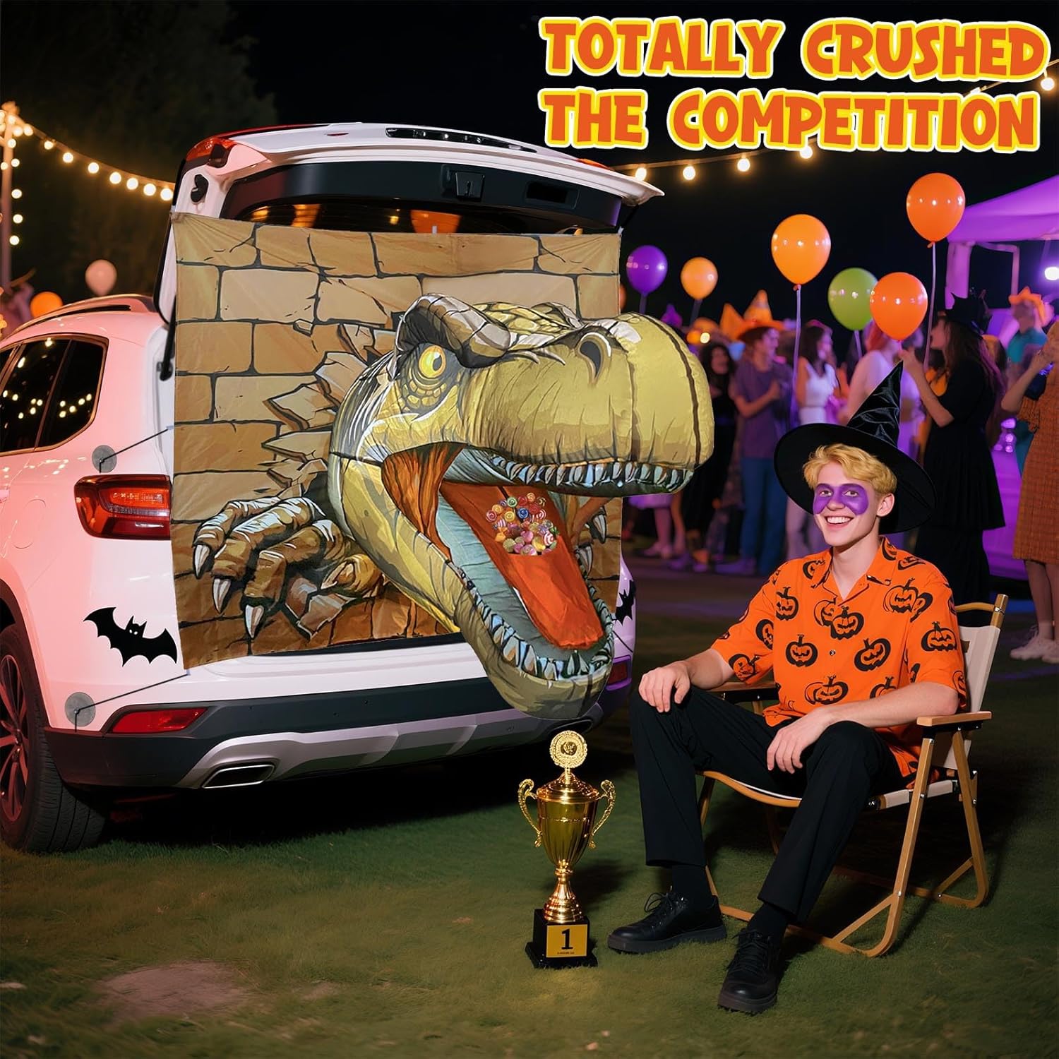 2025 Halloween Trunk or Treat Car Decorations, T-Rex Theme Halloween Car Inflatable Decor, Built-in LED Lights & Candy Pocket for Outdoor Trunk Parties & Events