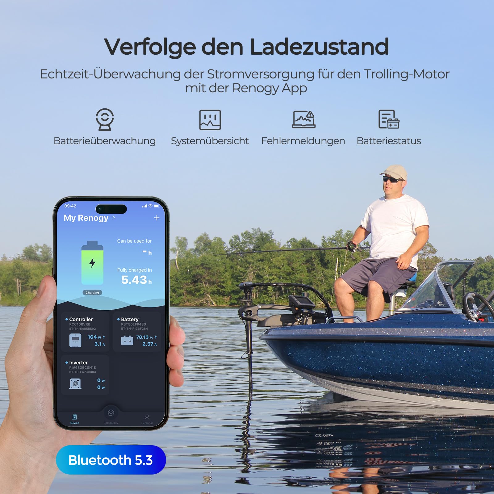 Renogy 12V 100Ah Trolling Motoren LiFePO4 Lithium Batterie mit Bluetooth, 150A BMS 6000+ Zyklen Deep-Cycle-Batterien, 12V Solarbatterie 100Ah Akku für Trolling-Motor, kabinen, Marine, Wohnmobile, IP67