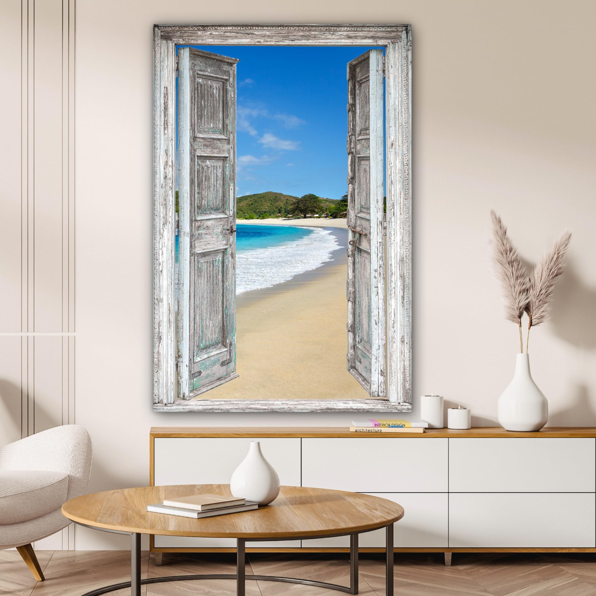 MuchoWow© Canvas Schilderij 120x80 cm Kamer Decoratie Woonkamer Slaapkamer Room Decor Wanddecoratie Wall Art Painting Strand - Doorkijk - Tropisch - Strandstoel
