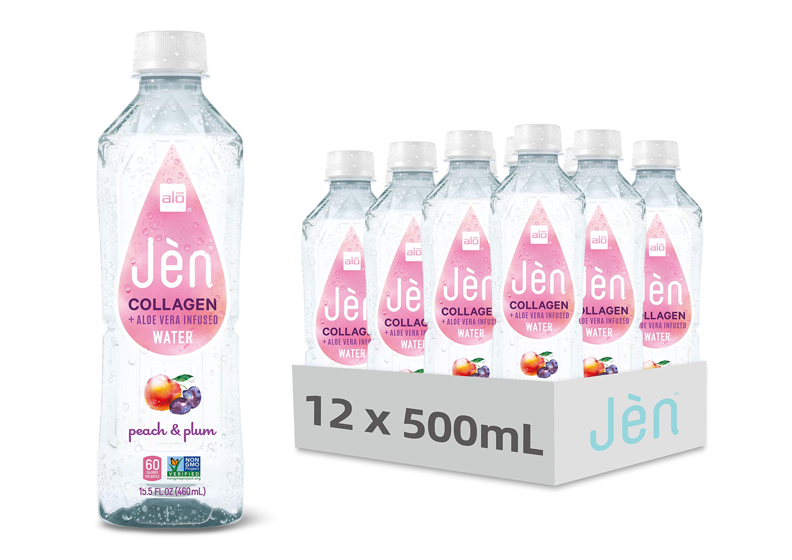 JEN Collagen + Aloe Vera Infused Water, Peach + Plum | 15.5 fl oz, Pack of 12 | Real Aloe Vera Juice