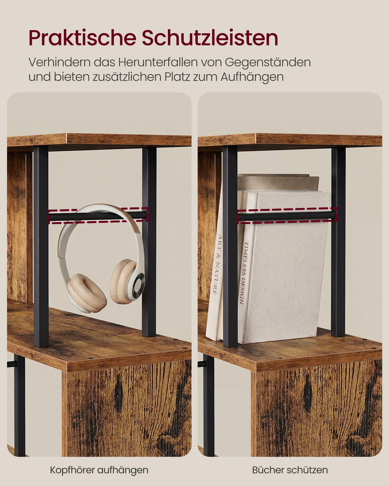 VASAGLE Bücherregal, Standregal mit 7 Ebenen, S-Form Raumteiler, Freistehendes Regal, 60 x 24 x 190,5 cm, für Wohnzimmer, Büro, Rustikales Braun, Barnet Kollektion LLS173KD01