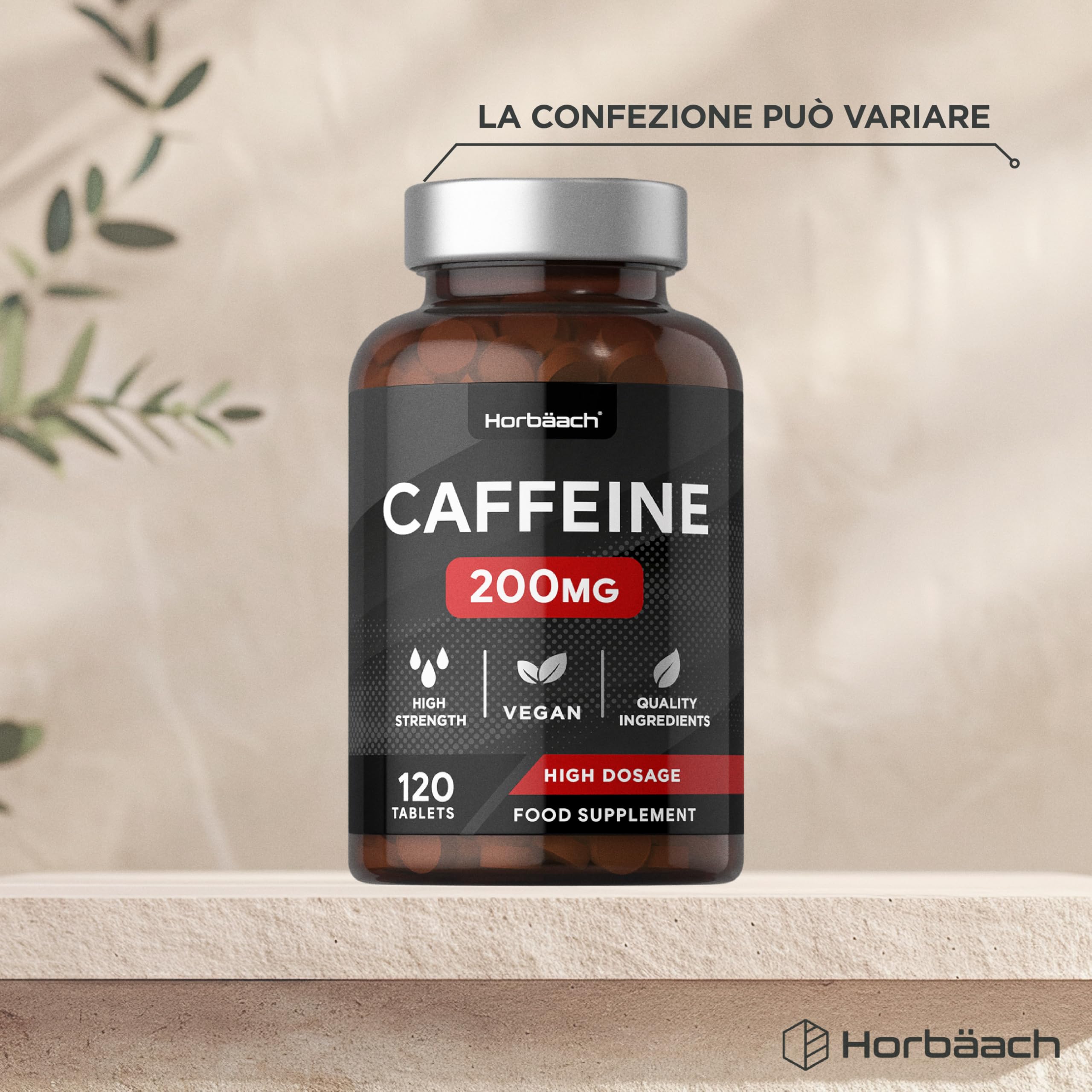 Caffeina Integratore 200 mg | 120 Compresse Vegane per 4 Mesi di Scorta | Integratore Alimentare Senza Conservanti and Additivi | Caffeine Pills ad Alto Dosaggio | by Horbaach