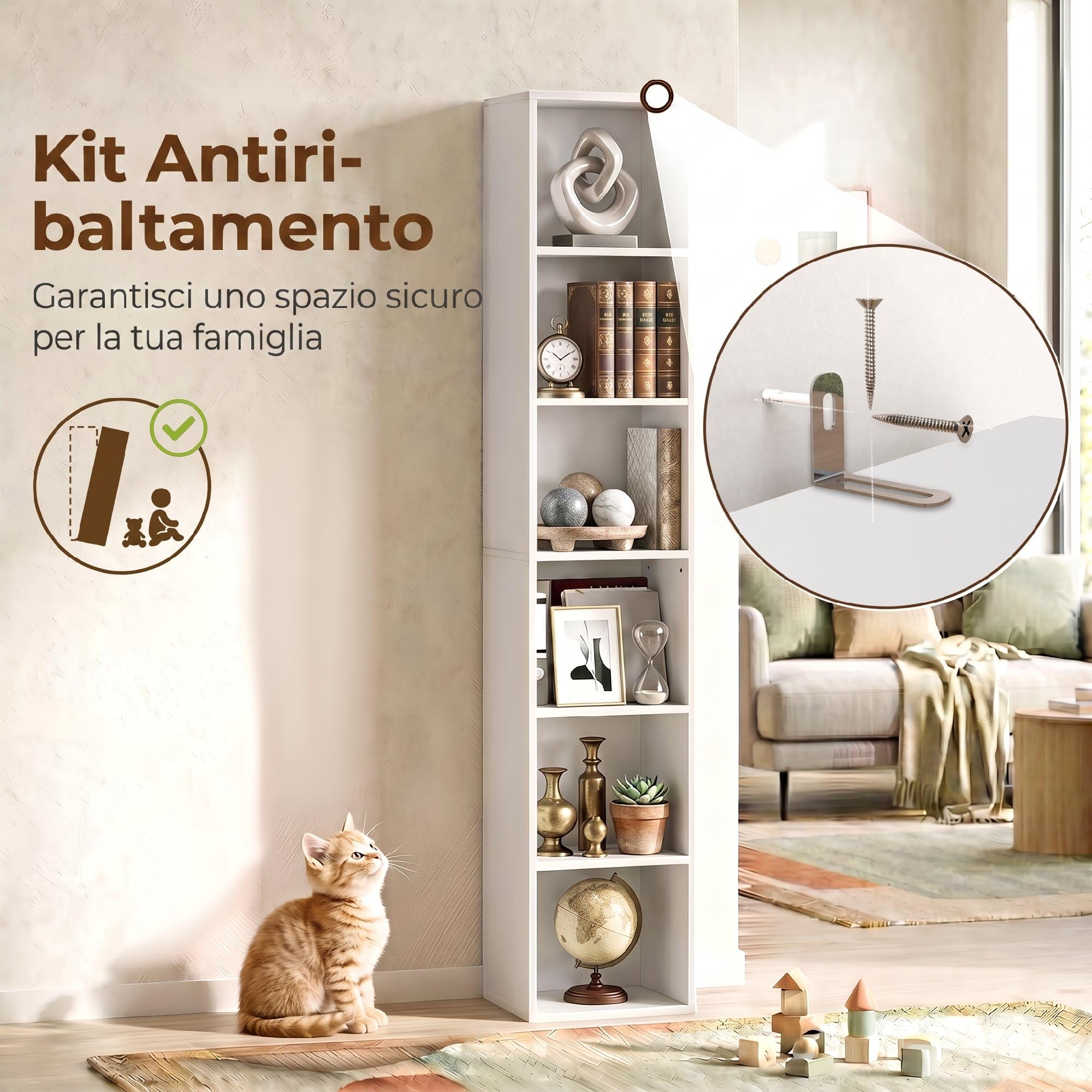 HOMCOM Libreria Scaffale a 6 Ripiani Salvaspazio 30x24x159 cm Bianco | Libreria Verticale, Scaffale Portaoggetti, per Soggiorno Camera da Letto Ufficio Studio