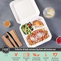 Vista 4 de MULMEHË Contenedores de comida para llevar con bisagras de bagazo de caña de azúcar, ecológicos, 9 x 9 x 3, tres compartimentos divididos, marrón