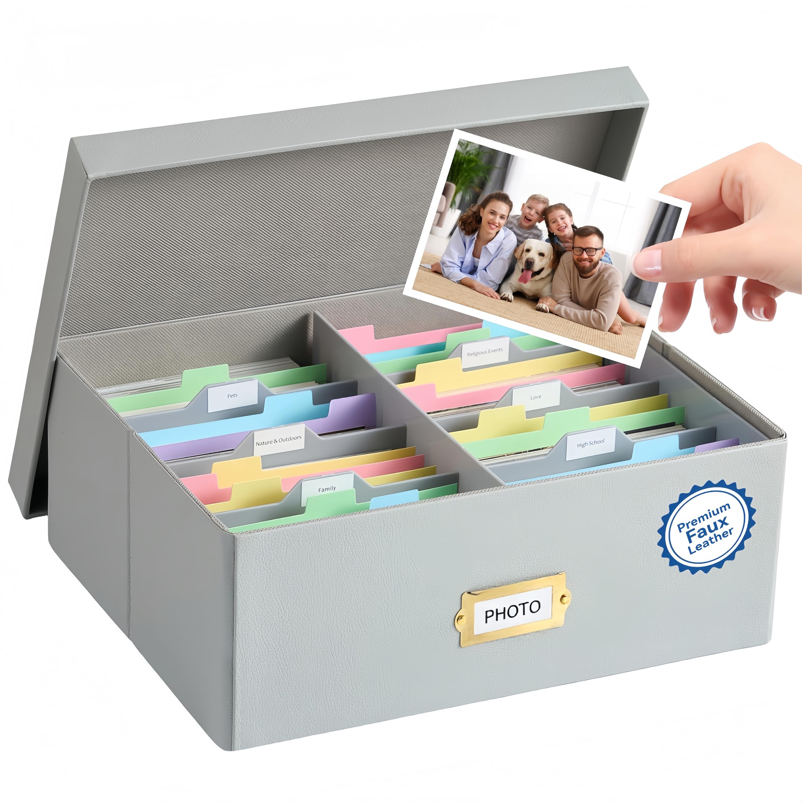 Photo Storage Box with Lid – Premium Faux Leather Organizer with Plastic Dividers, Holds Up to 1800 4x6 Photos, Memory Keepsake Storage Container for