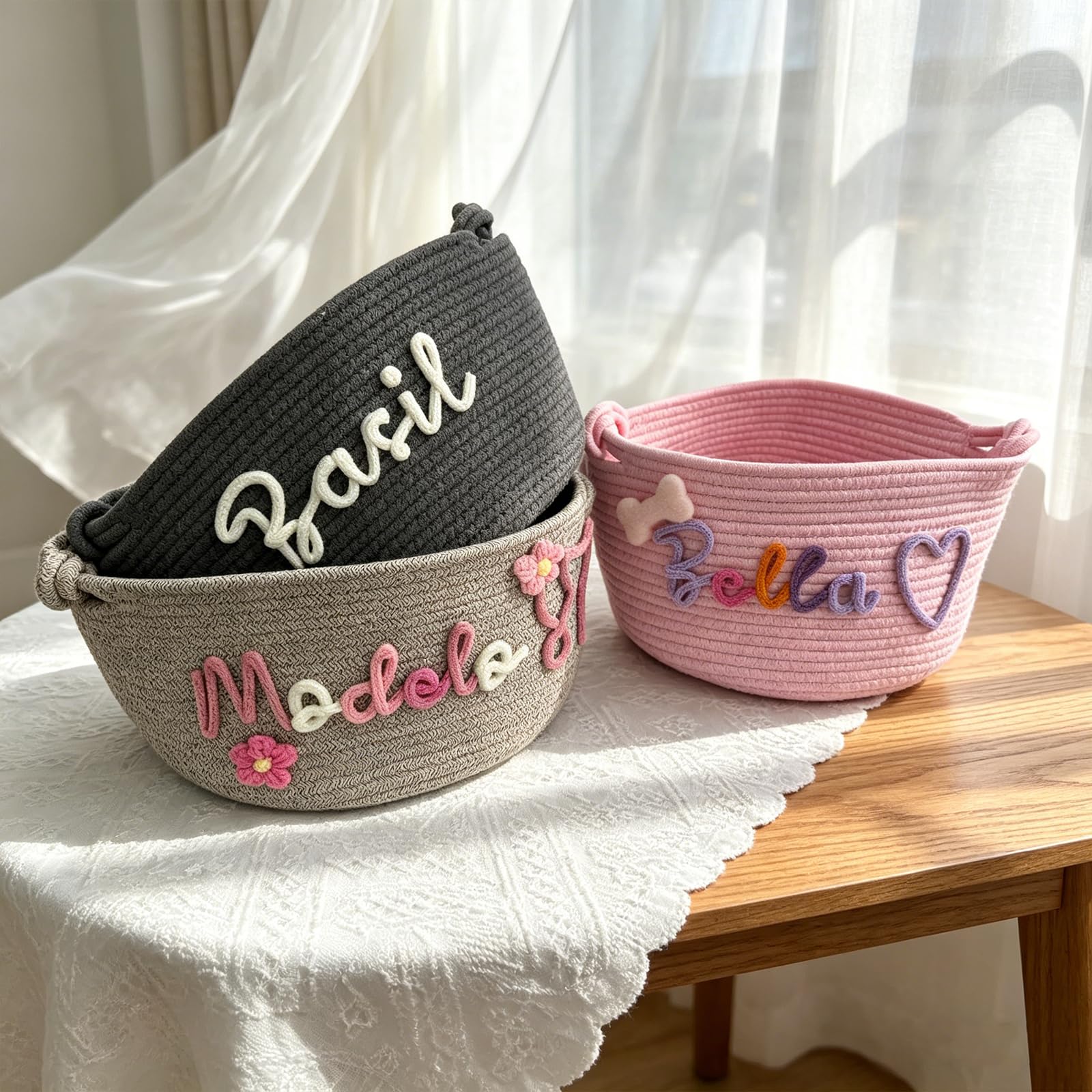 Personalized Dog Toy Basket, Custom Cat Toy Storage Bin, Large Durable Cotton Rope Basket for Puppy/Kitten Supplies, Handmade Pet Toy Box with Name Embroidery, Gift for Pet Lovers (M/L Size, 9 Colors) - 4
