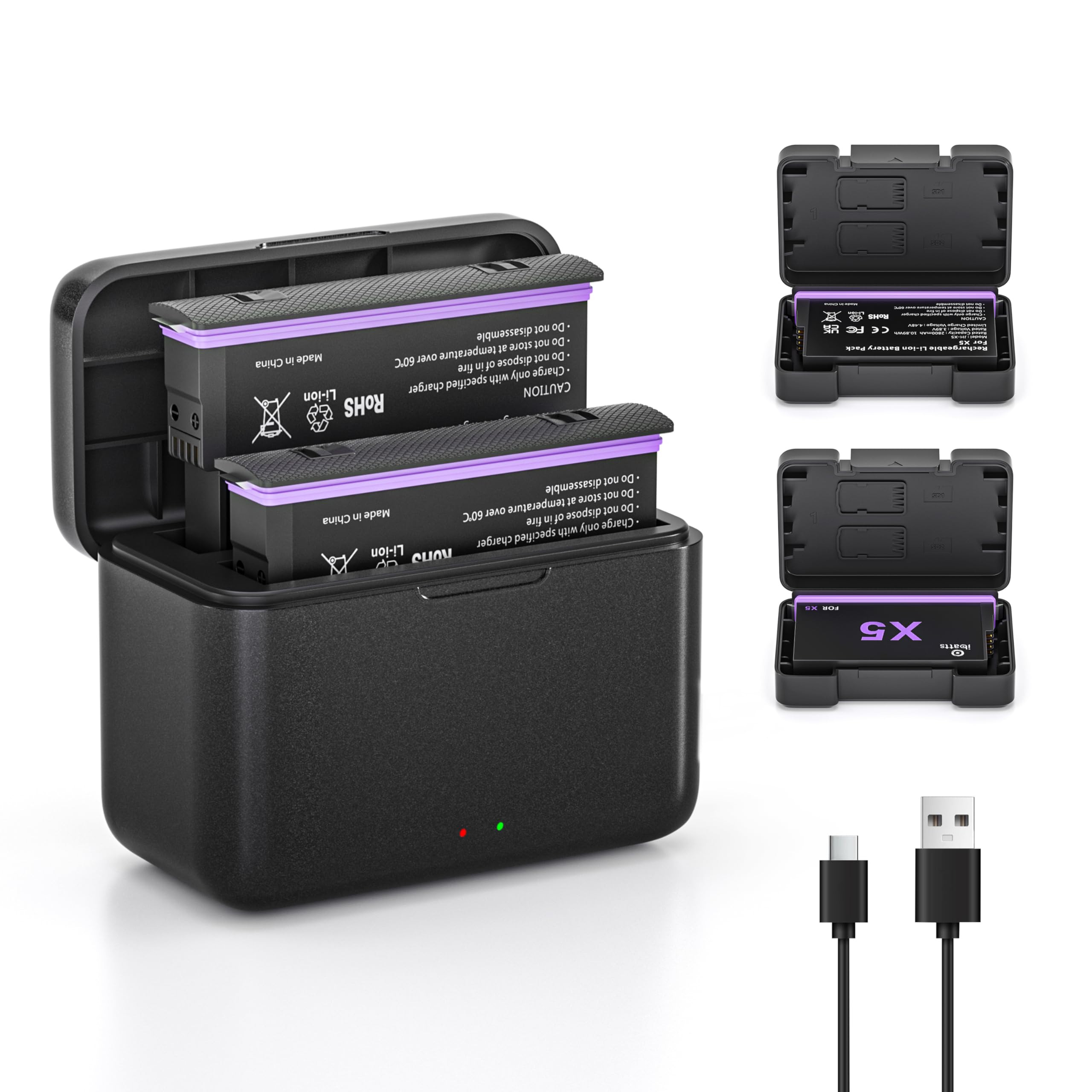 2-Pack Battery and Fast Charger Box for Insta360 X5, 2800mAh Replacement Batteries Pack and Dual Channel Fast Charging Portable Case for Insta 360 X5