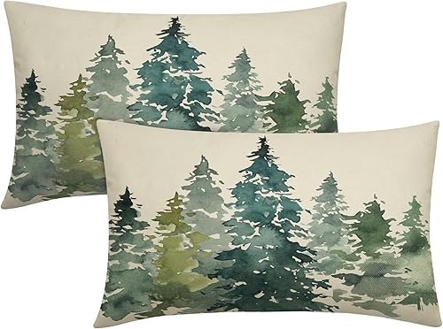 Juego de 2 fundas de almohada decorativas con diseño de árbol verde oscuro en acuarela de 12 x 20 pulgadas, diseño rústico de bosque natural, para