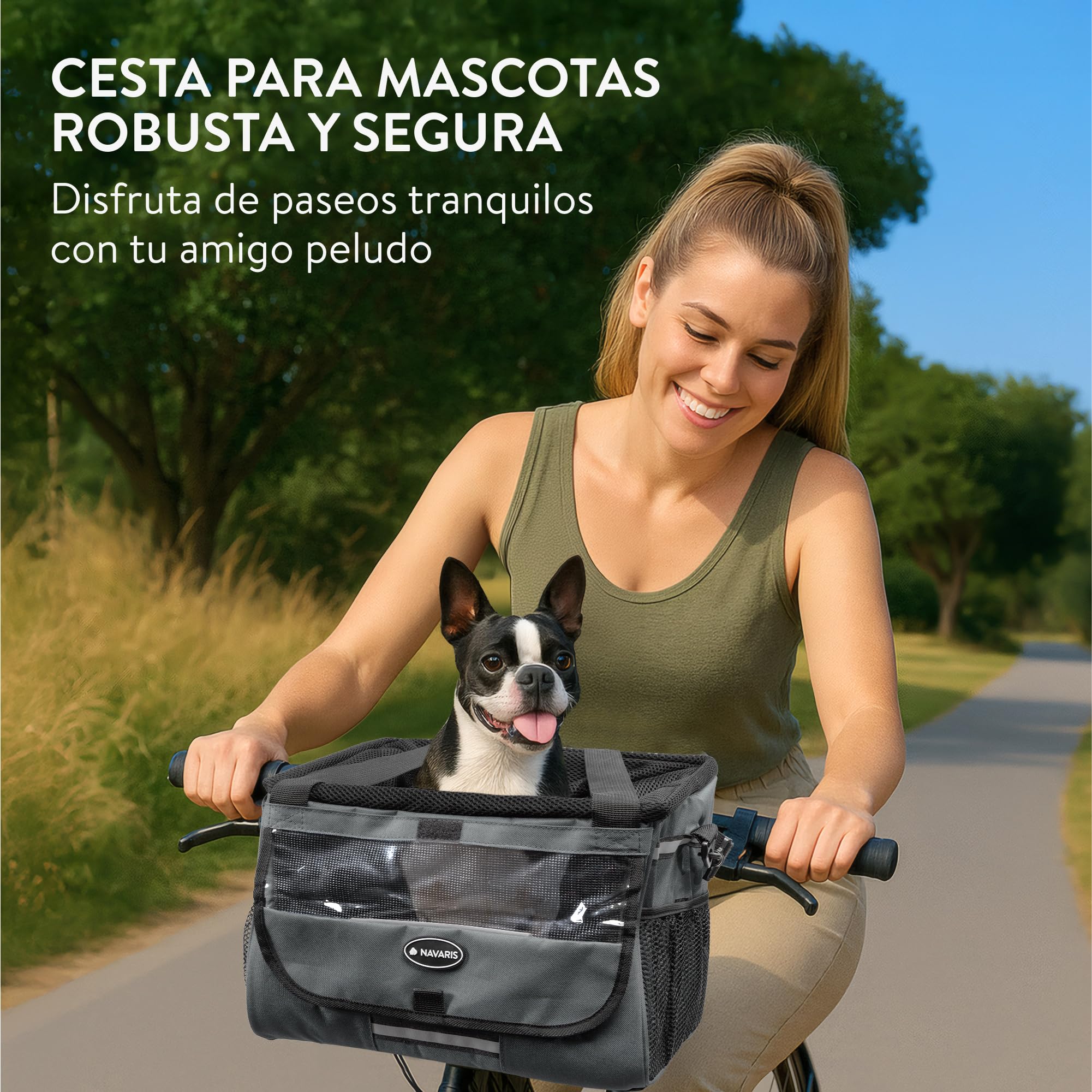 Navaris Cesta Perro Bicicleta - Cesta Bicicleta Delantera para Perros y Gatos MAX. 10 kg - Cordón Ajustable para Que No Salten - con Bolsillos Adicionales y Correa para Hombro