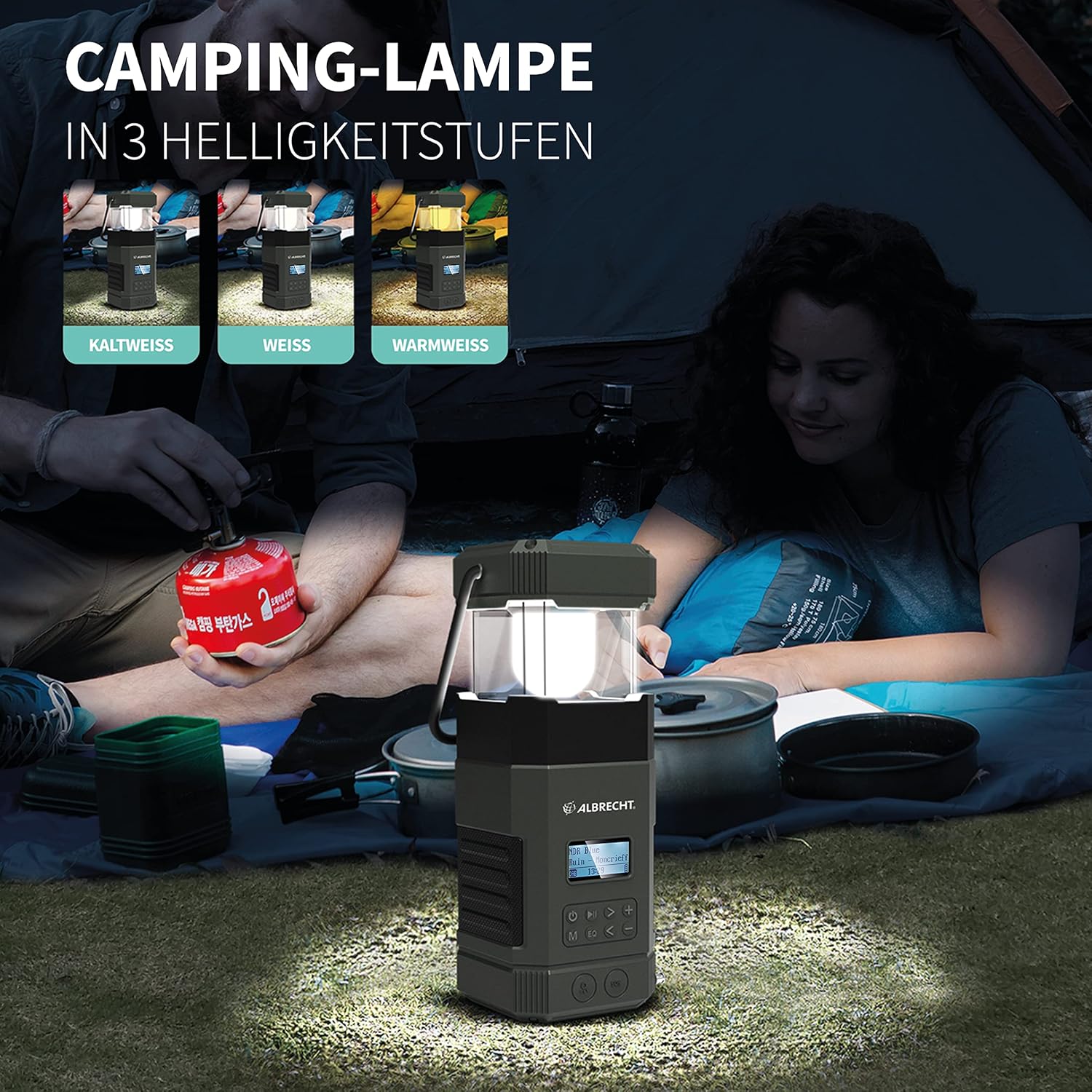 Albrecht DR 114 Radio camping lamp with three brightness levels: cool white, white, warm white