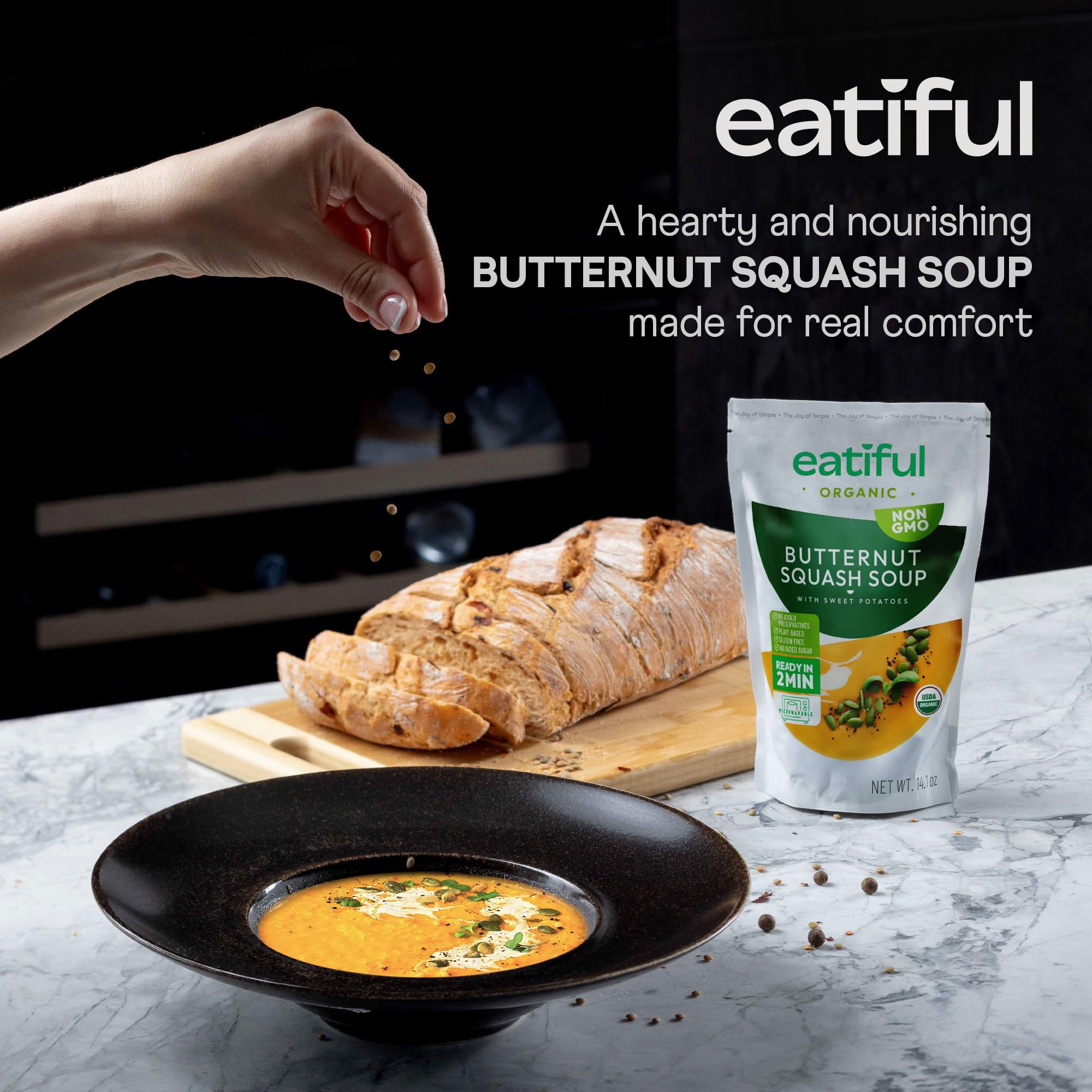 EATIFUL Sopa de Calabaza Moscada, Deliciosa Sopa de Calabaza Moscada Lista Para Comer con Boniatos, Elaborada con Verduras Ecológicas, de Origen Vegetal, sin Gluten y OMG, 400g (Paquete De 1)