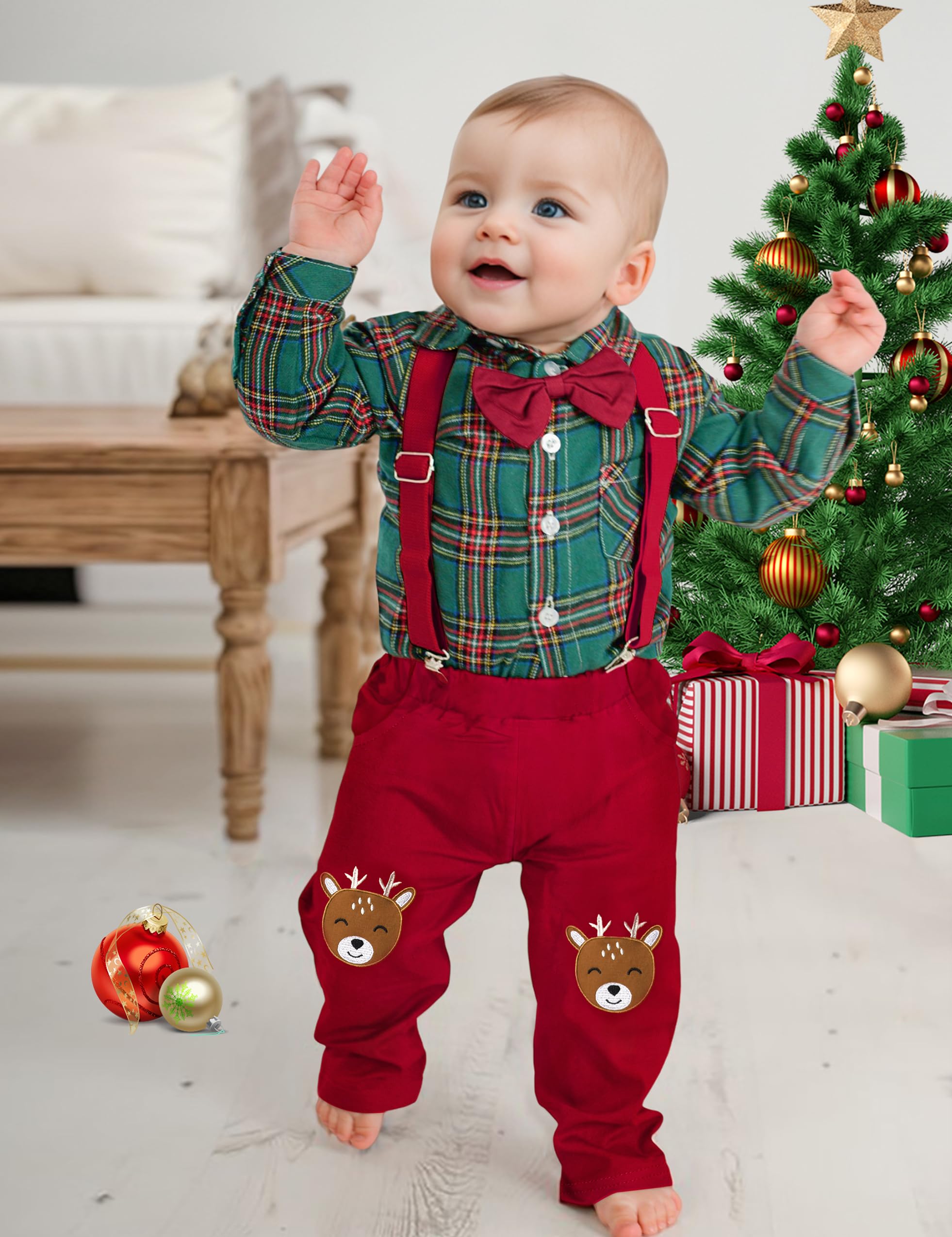 Oranchids My First Christmas Baby Boy Outfit Baby Boy Christmas Outfit Plaid Gentleman Romper + Reindeer Suspender Pants Baby Christmas Outfit Boy 0-3 Months