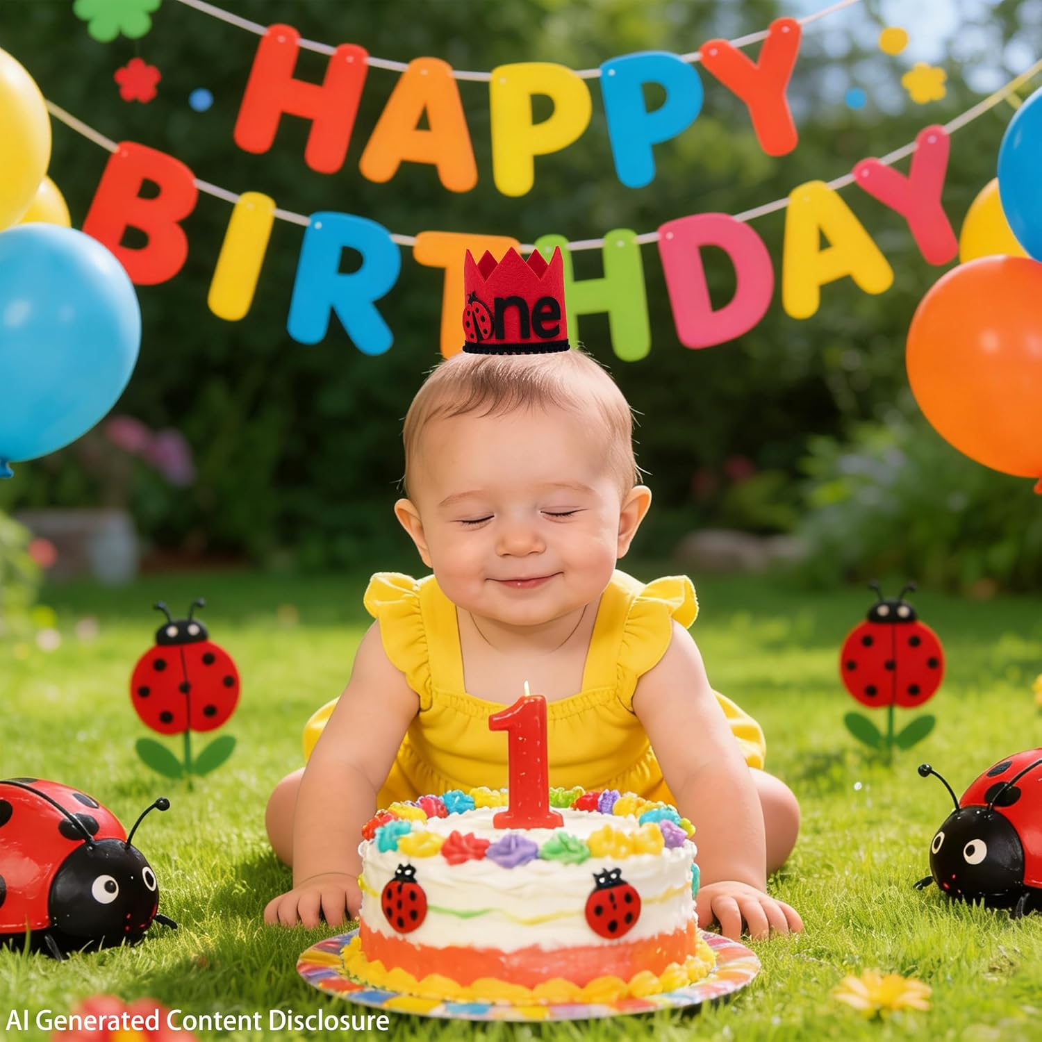 First Birthday Crown Hat, Red Felt with Ladybug Theme, One Year Old Party Accessory