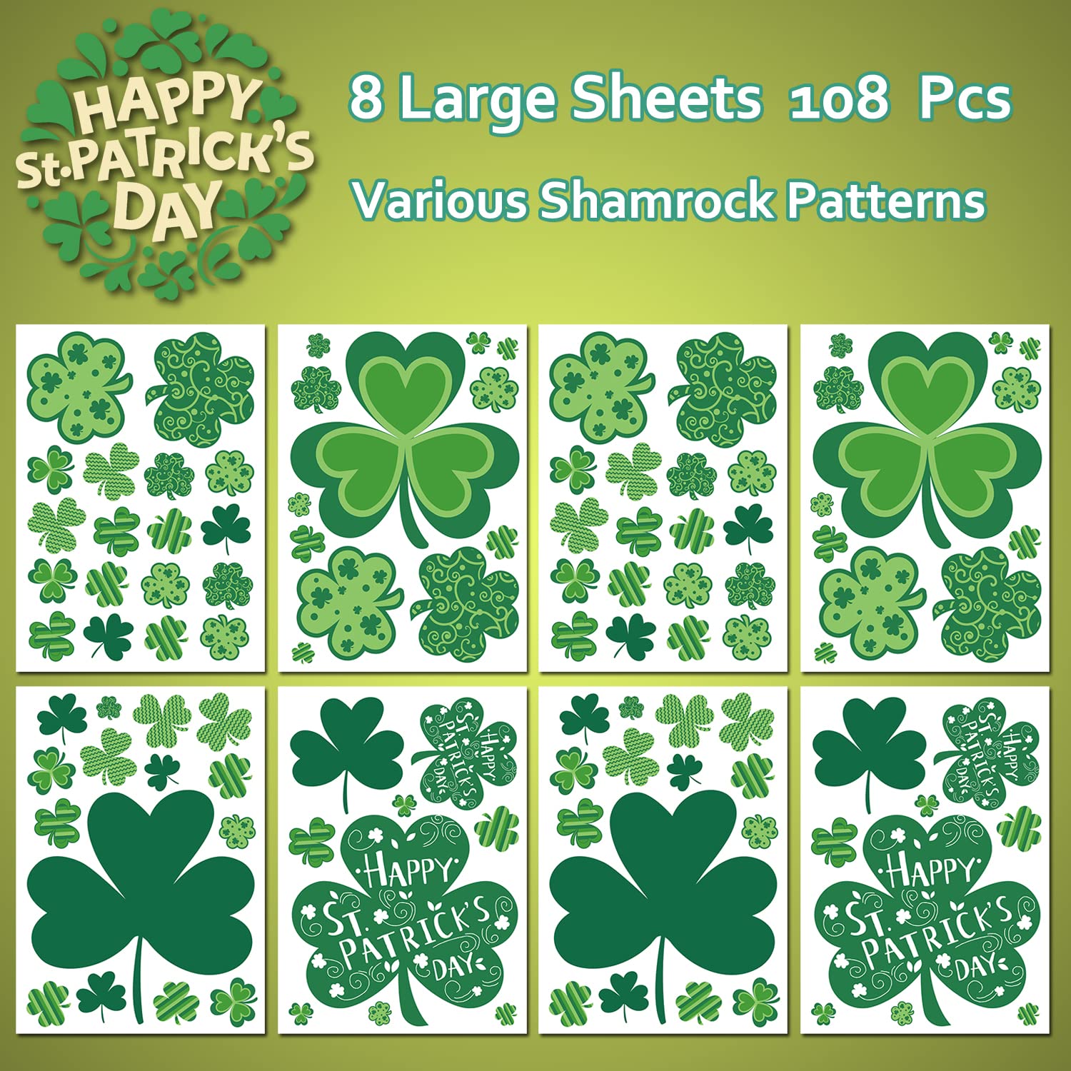 St Patricks Day Window Clings, 108 PCS Reusable Shamrock Decal Stickers Static Spring Decorations for Office School Home
