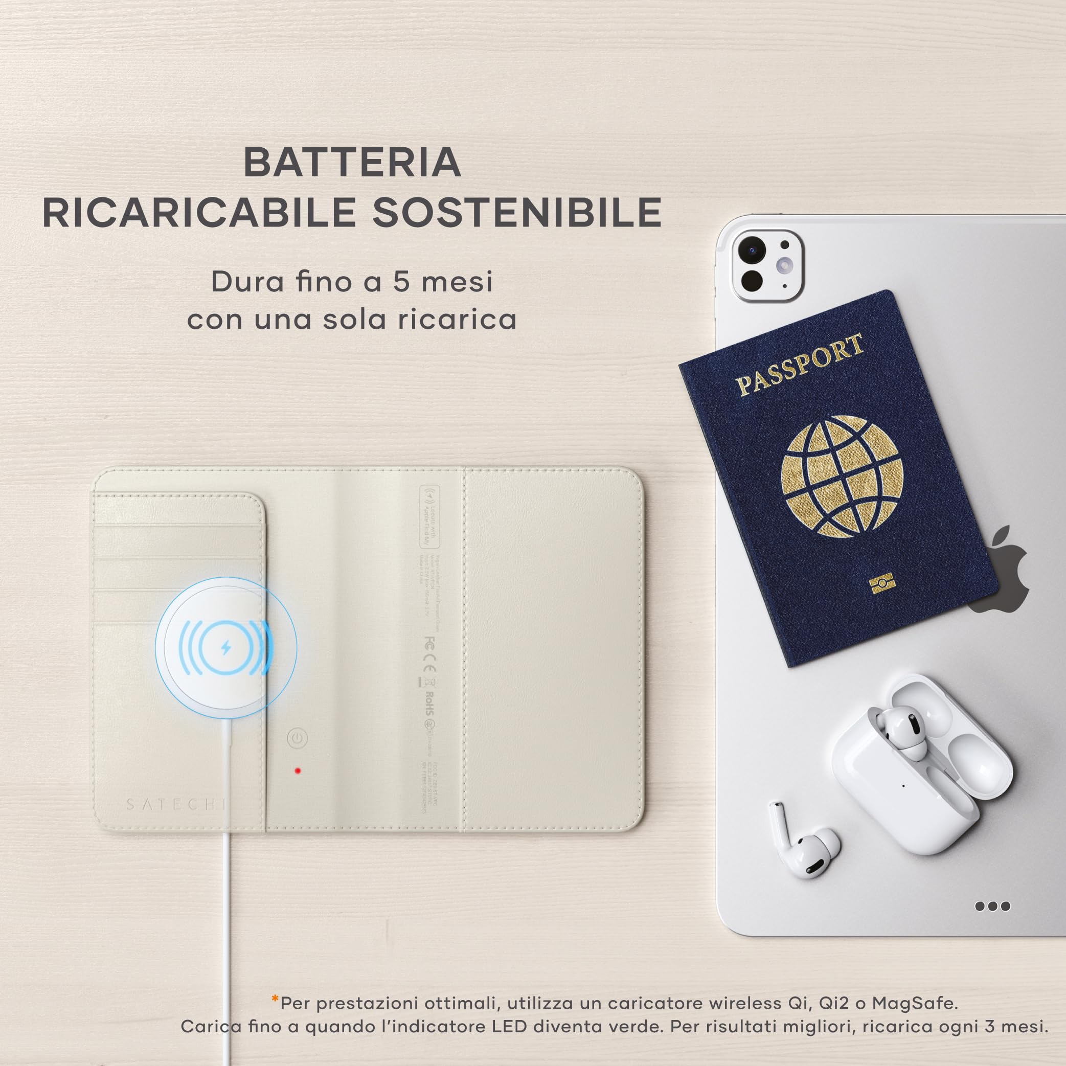 Satechi FindAll Custodia Passaporto da Viaggio con Find My con 4 Slot per Carte, Ricarica Wireless e Protezione RFID, Compatibile con App iOS Dov’è, Materiale Premium PU – Beige