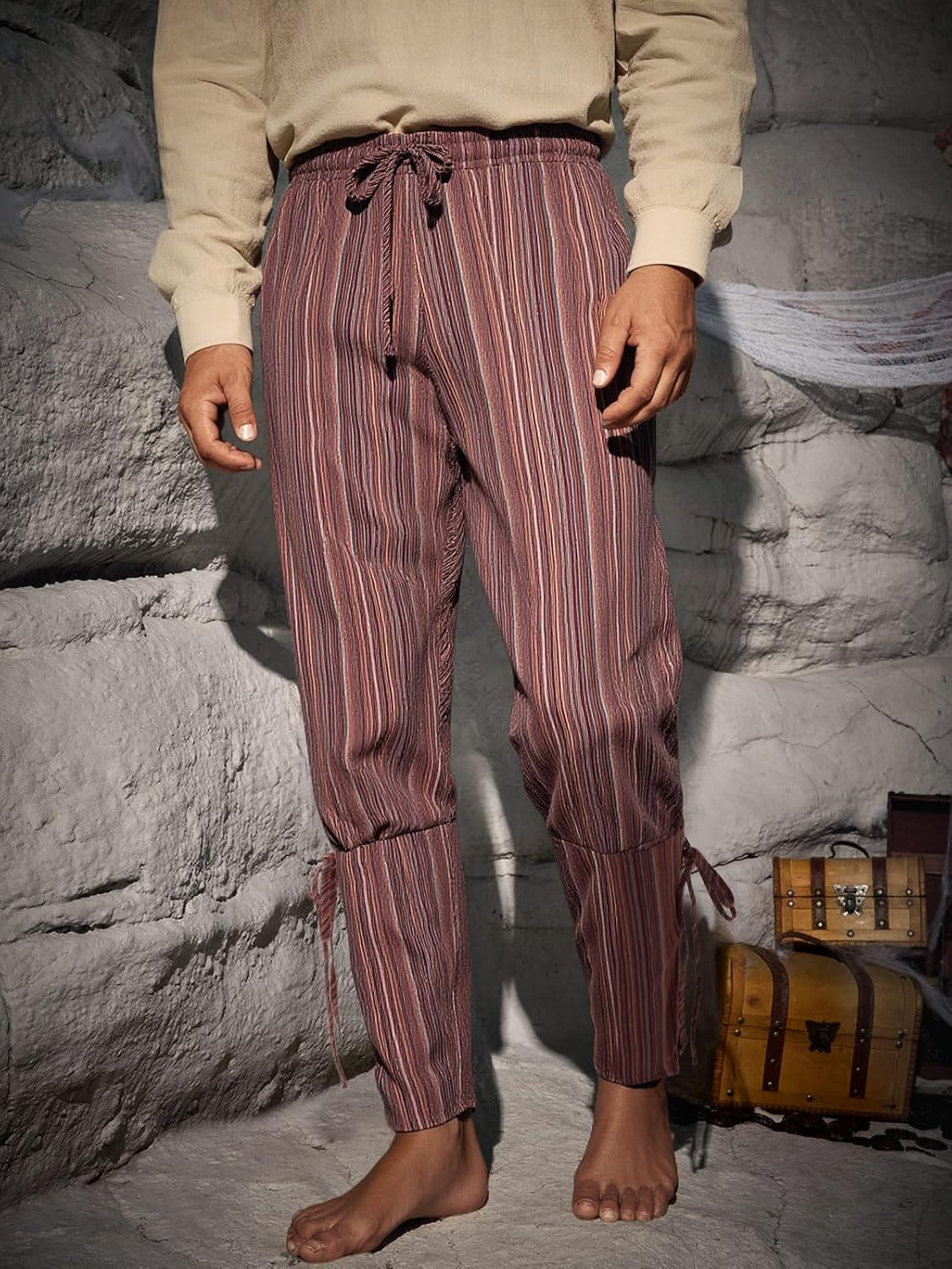 Runcati Mens Medieval Ankle Pants Renaissance Viking Navigator Pirate Pants Lace Up Striped Halloween Costume Trousers - Image 2