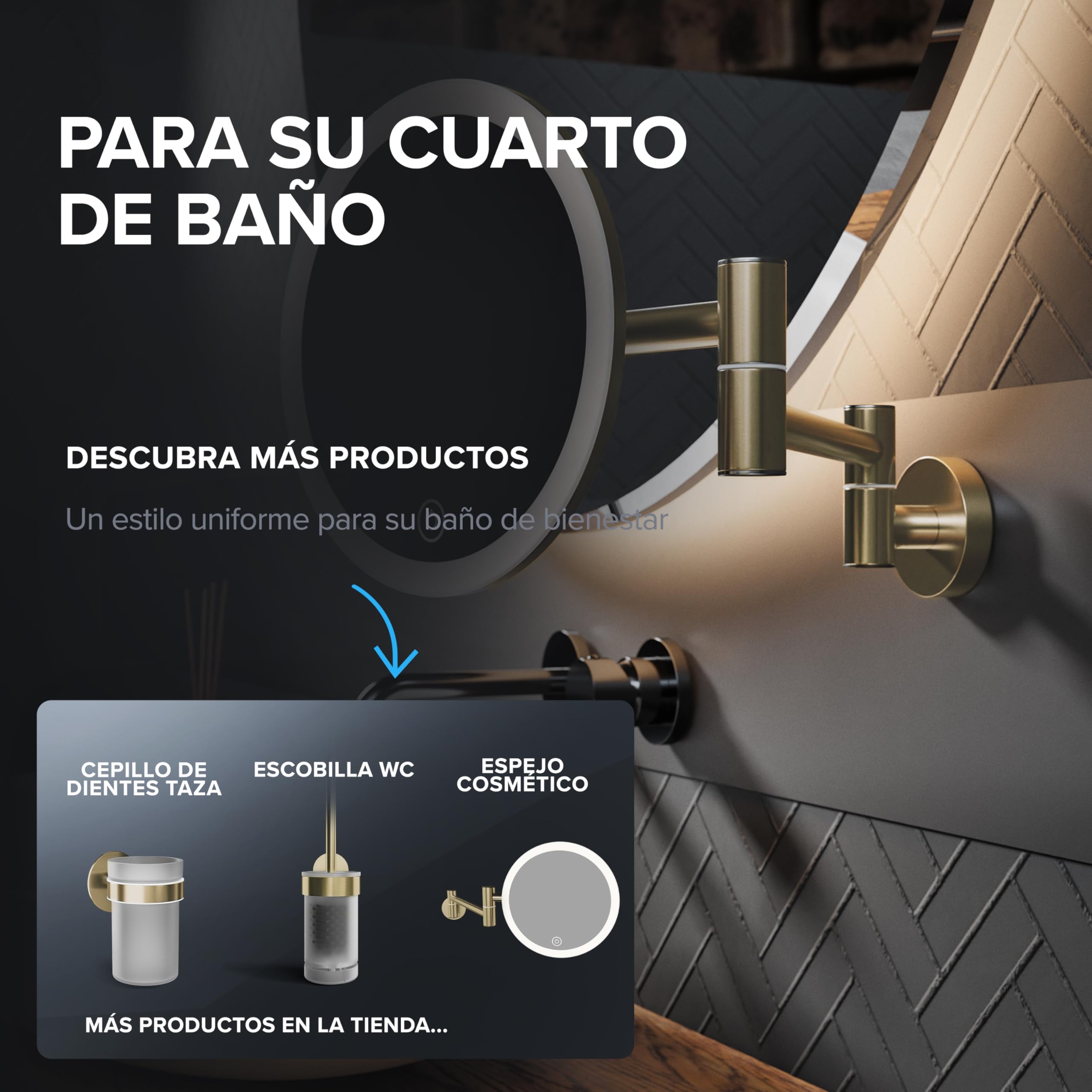 ovimar Espejo de Aumento Blavand Oro | con iluminación | Recargable | Montaje en Pared para taladrar | en el baño | Espejo de Aumento 5X | Espejo de Maquillaje con luz | Espejo de 360 ​​​​Grados