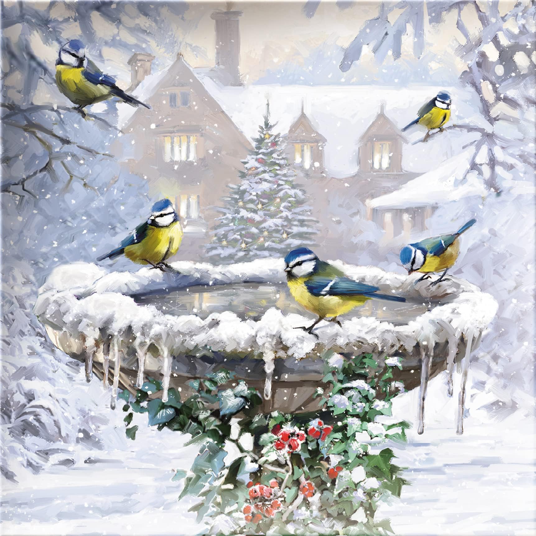 The Almanac Gallery Box of 20 Artistic Charity Christmas Cards - 'Winter Birdbath and Winter Feeder' - Lovely Artistic with British Birds - 20 Cards, 10 Each of 2
