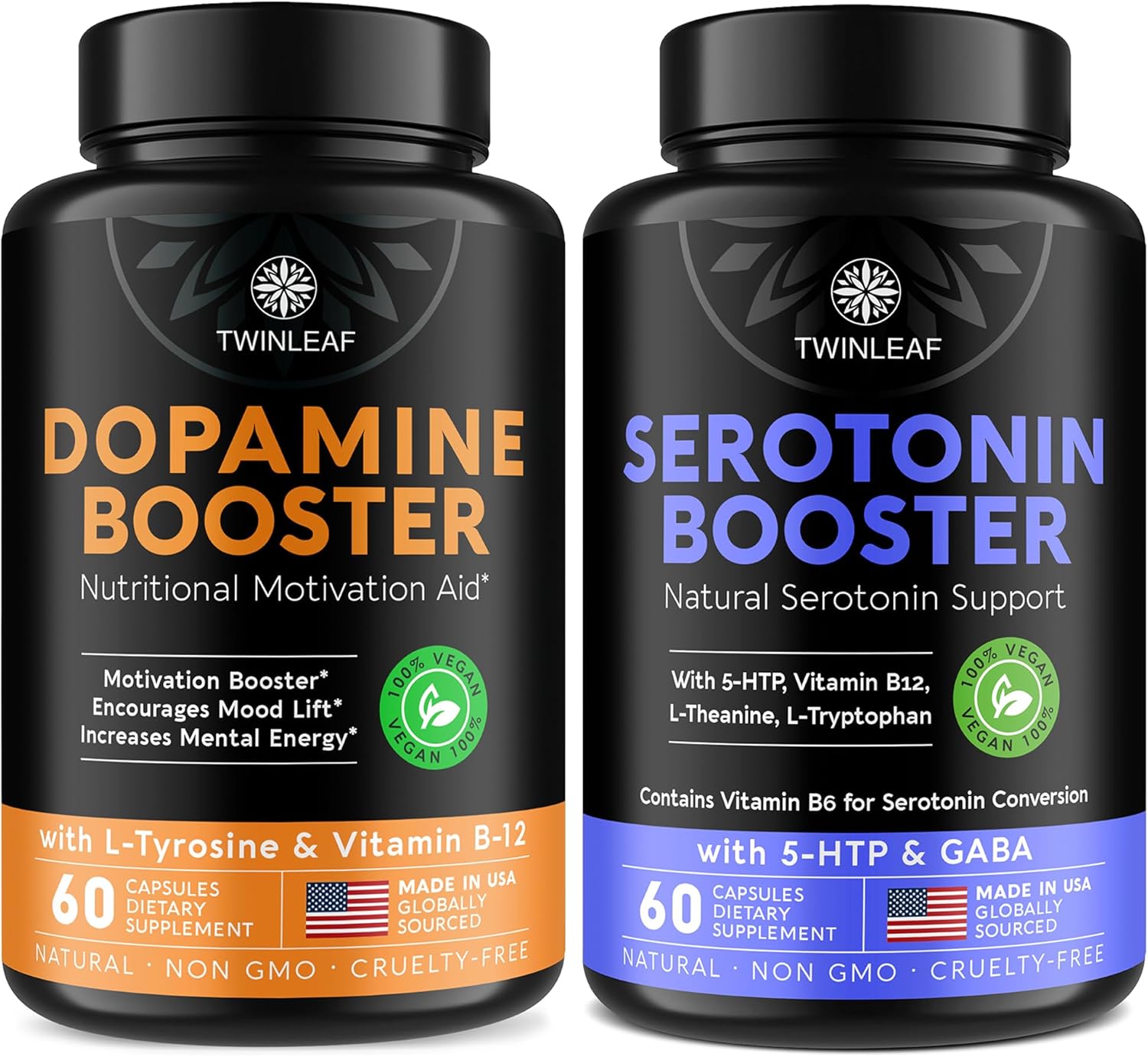TWINLEAF Serotonin & Dopamine Support Bundle - 5HTP, Vitamin B6, B12, GABA, L-Tyrosine & L-Theanine for Mood & Mental Well-Being - 60 Capsules Each - Made in USA